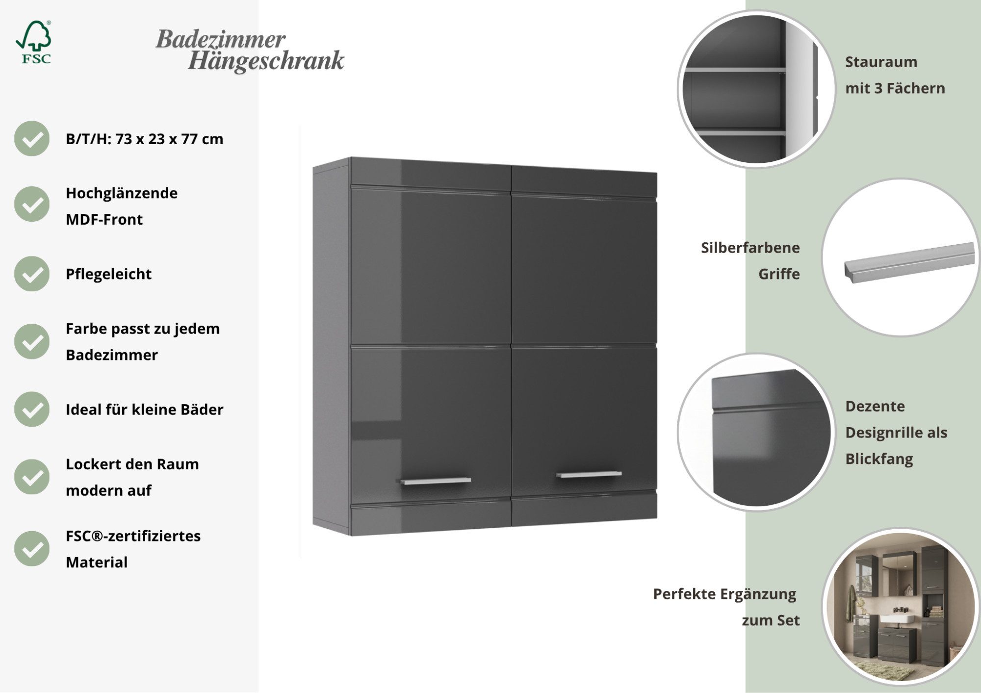 OTTO home Hängeschrank Föhr, Badschrank, Badezimmerschrank, Badmöbel Breite 72,8 cm, 2 Türen, minimalistisch, zeitlos, hochglänzend – Bild 3 von 5