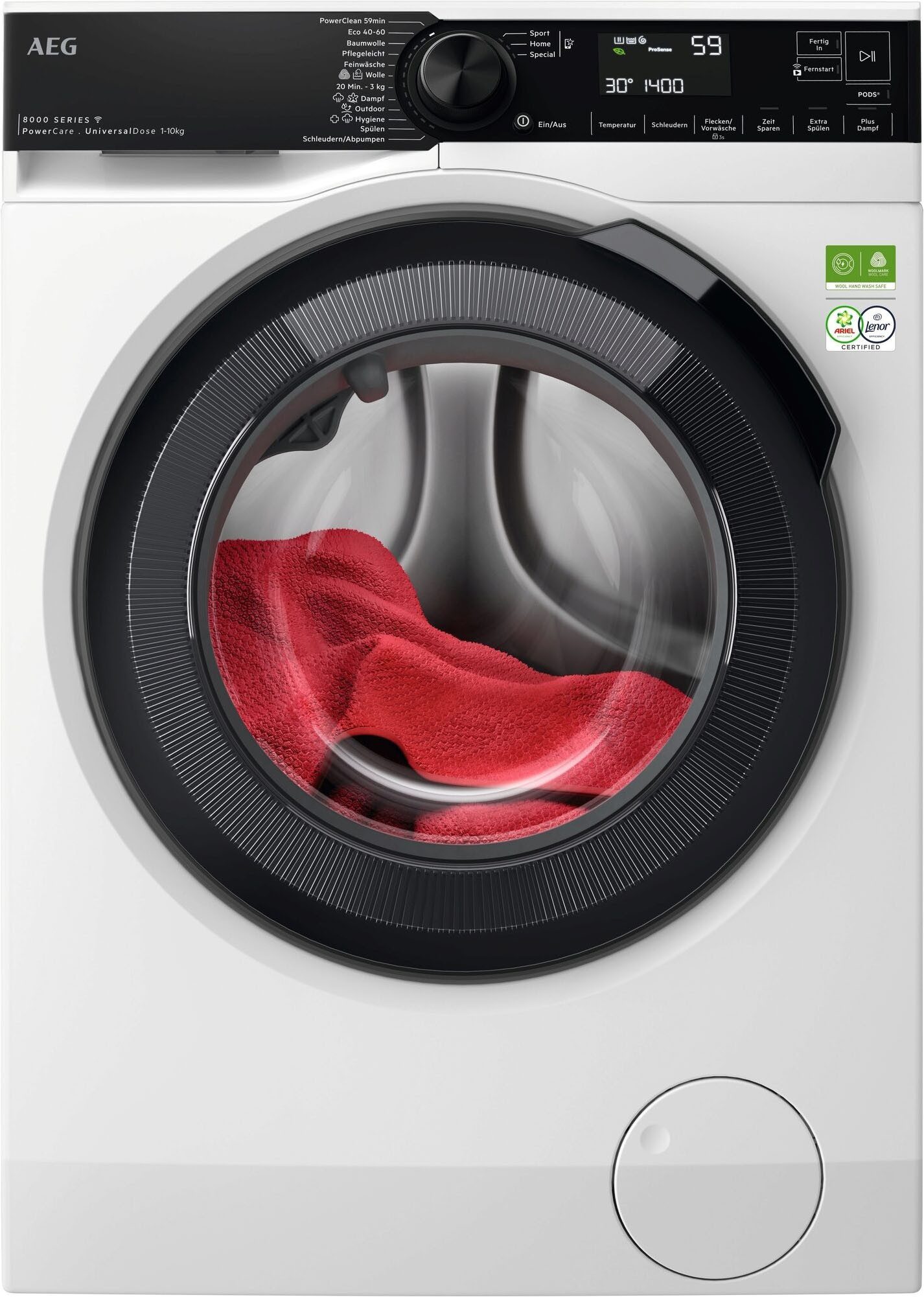 AEG Waschmaschine 8000 LR8EW75400, 10 kg, 1400 U/min, PowerClean: Vollständige Fleckenentfernung in 59 Min-Programm bei 30°C
