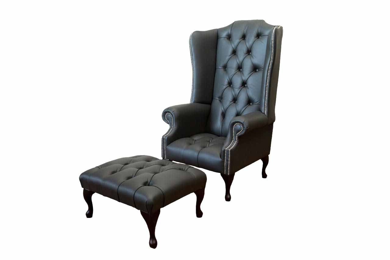 JVmoebel Ohrensessel Designer Chesterfield Sessel mit Hocker aus schwarzem Kunstleder (Packung, 2-St., Ohrensessel), Made in Europa