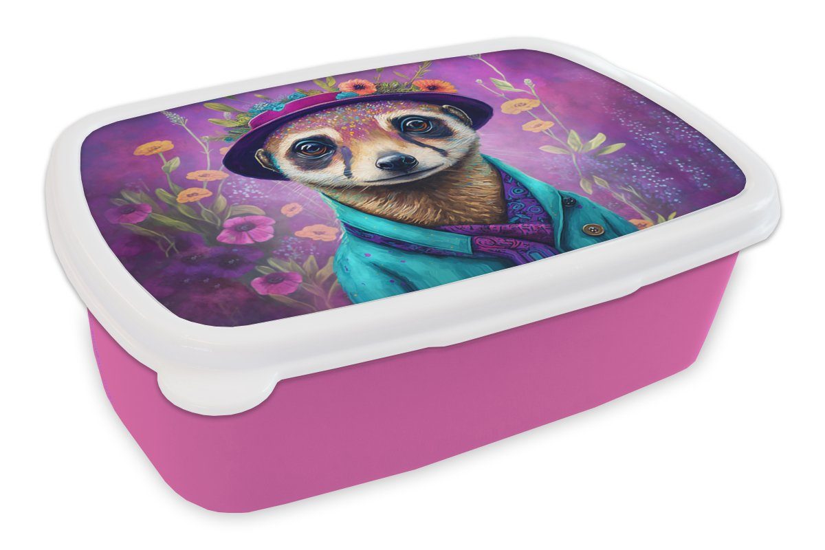 Gut bewertet! MuchoWow Lunchbox Erdmännchen - Brotdose Brotbox Erwachsene, Porträt für - Mädchen, rosa Blumen Lila Farbe Kinder, Erdmännchen, - (2-tlg), - Kunststoff, Kunststoff Snackbox, 
