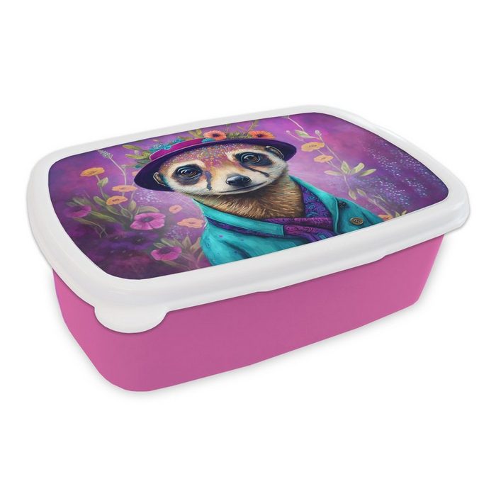 MuchoWow Lunchbox Erdmännchen - Blumen - Farbe - Lila - Porträt Kunststoff (2-tlg) Brotbox für Erwachsene Brotdose Kinder Snackbox Mädchen Kunststoff