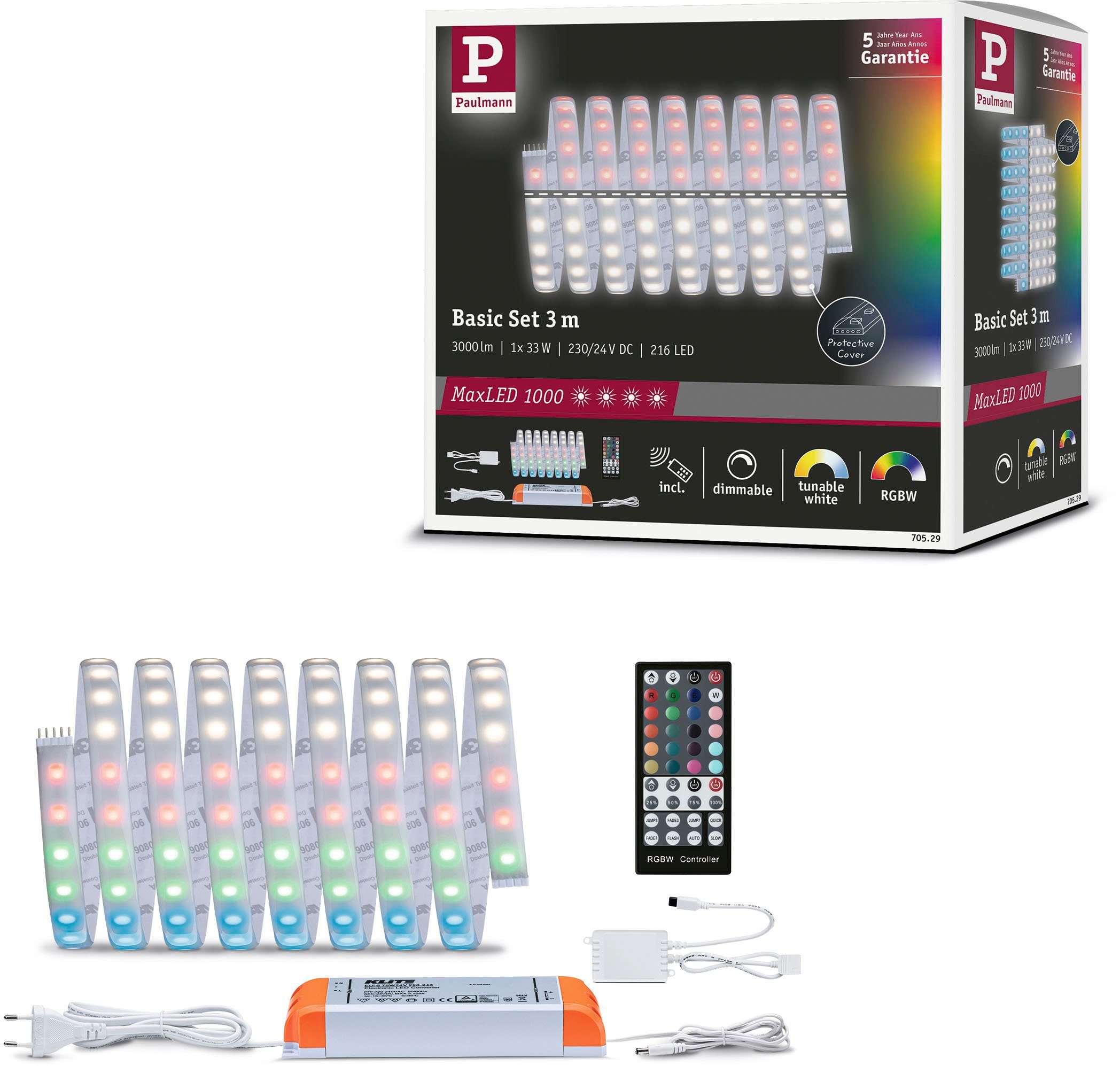Paulmann LED-Streifen MaxLED 1000 Basisset 3m RGBW IP44 Cover 3000K 33W 230/24V 75VA Silber, 1-flammig, RGBW