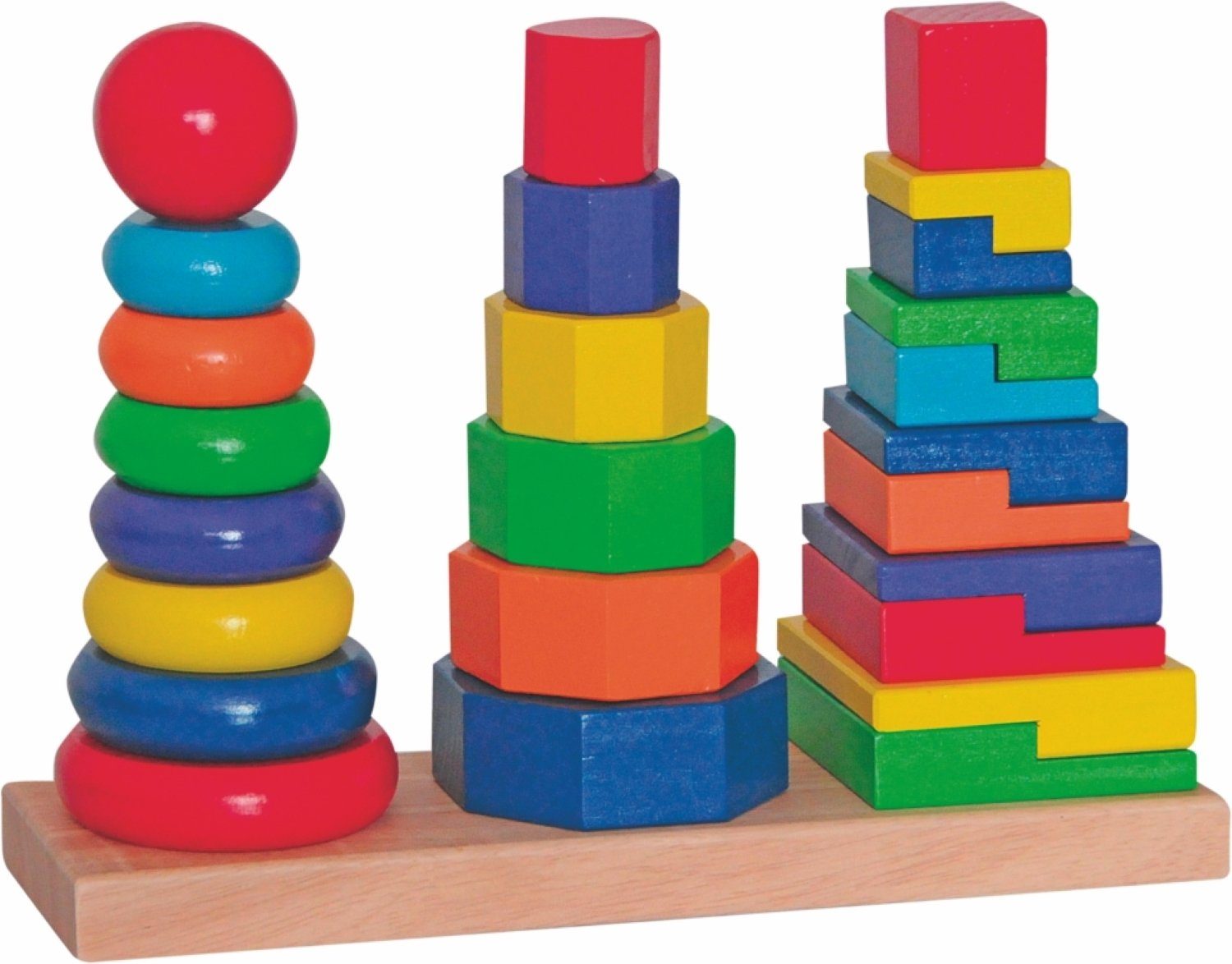 Woodyland Lernspielzeug 90836 Holz - 3 Steckpyramiden in diversen Formen. Motorikspiel