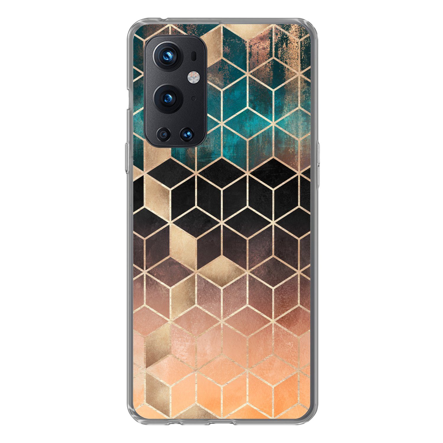 MuchoWow Handyhülle für OnePlus 9 Pro Abstrakt - Würfel - Gold - Muster - Luxus, Phone Case, Silikon, Schutzhülle Dünn