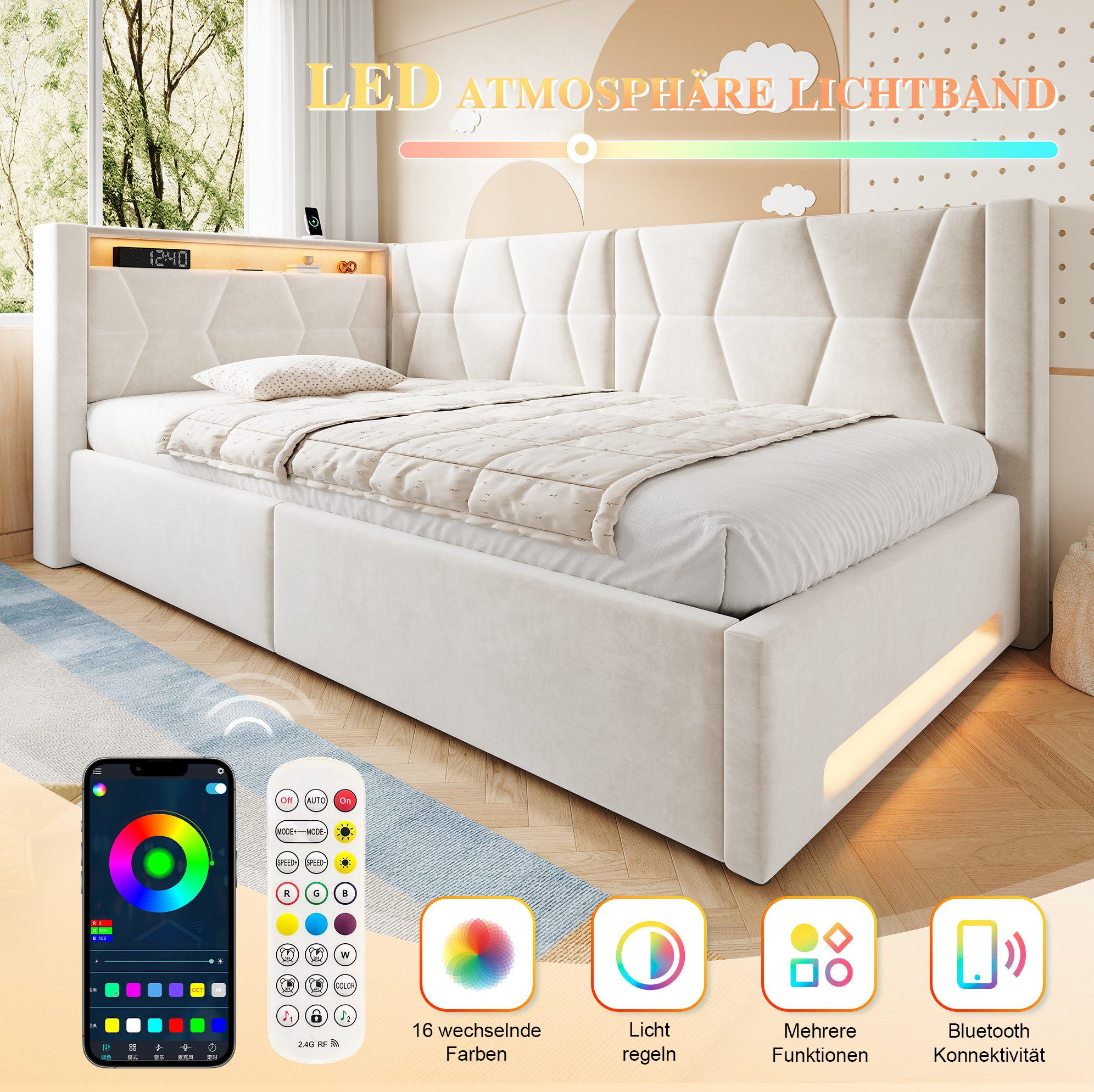 MODFU Schlafsofa Polsterbett mit integriertem Stauraum, Funktionsbett, Kinderbett 90x200 cm, Kopf- und FuBteil LED, Ladeanschlissen, Lattenrost und Bettkasten, Daybett Tagesbett, ohne Matratze