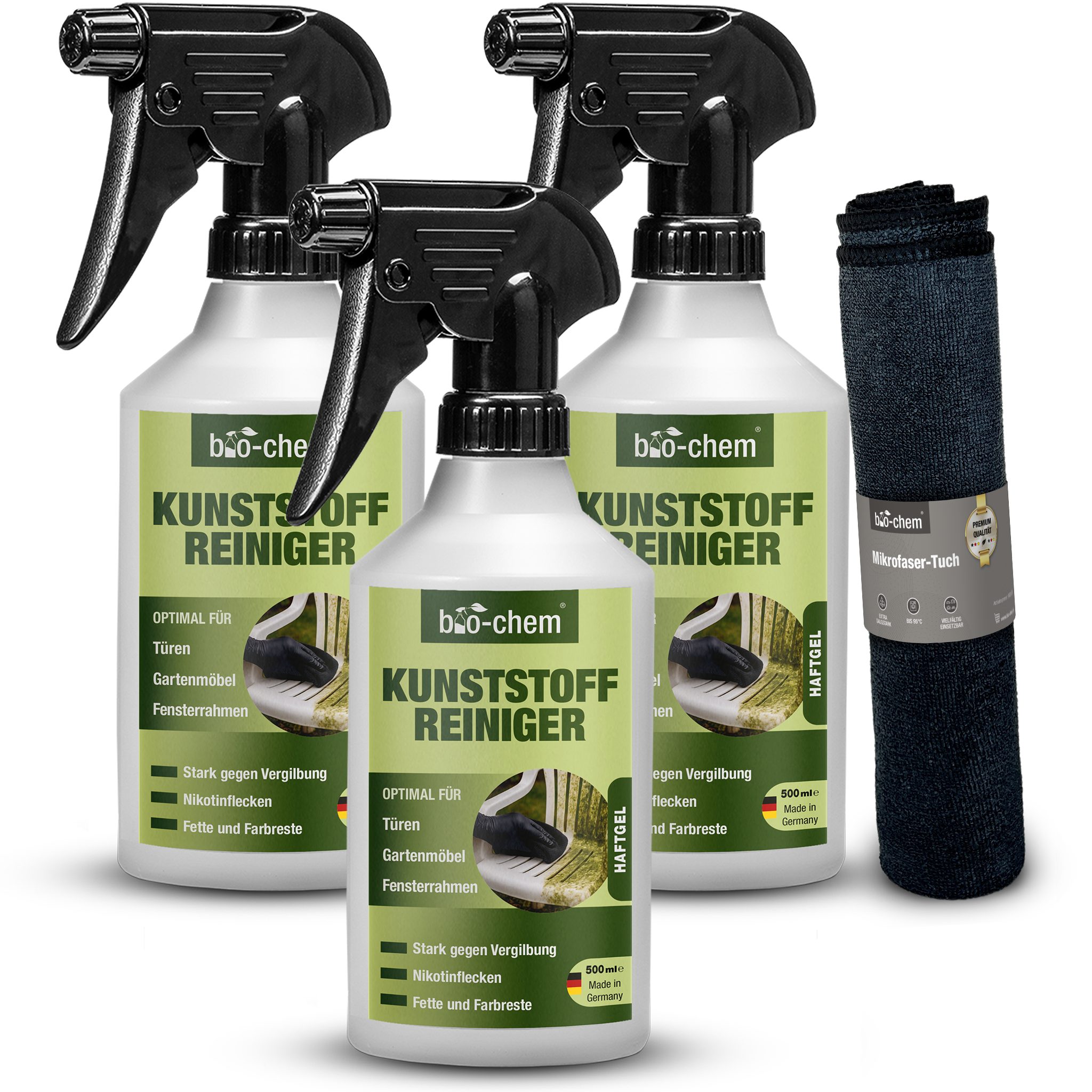bio-chem Kunststoffreiniger für Vergilbungen & Nikotin 3x 500ML + Tuch Kunststoffreiniger