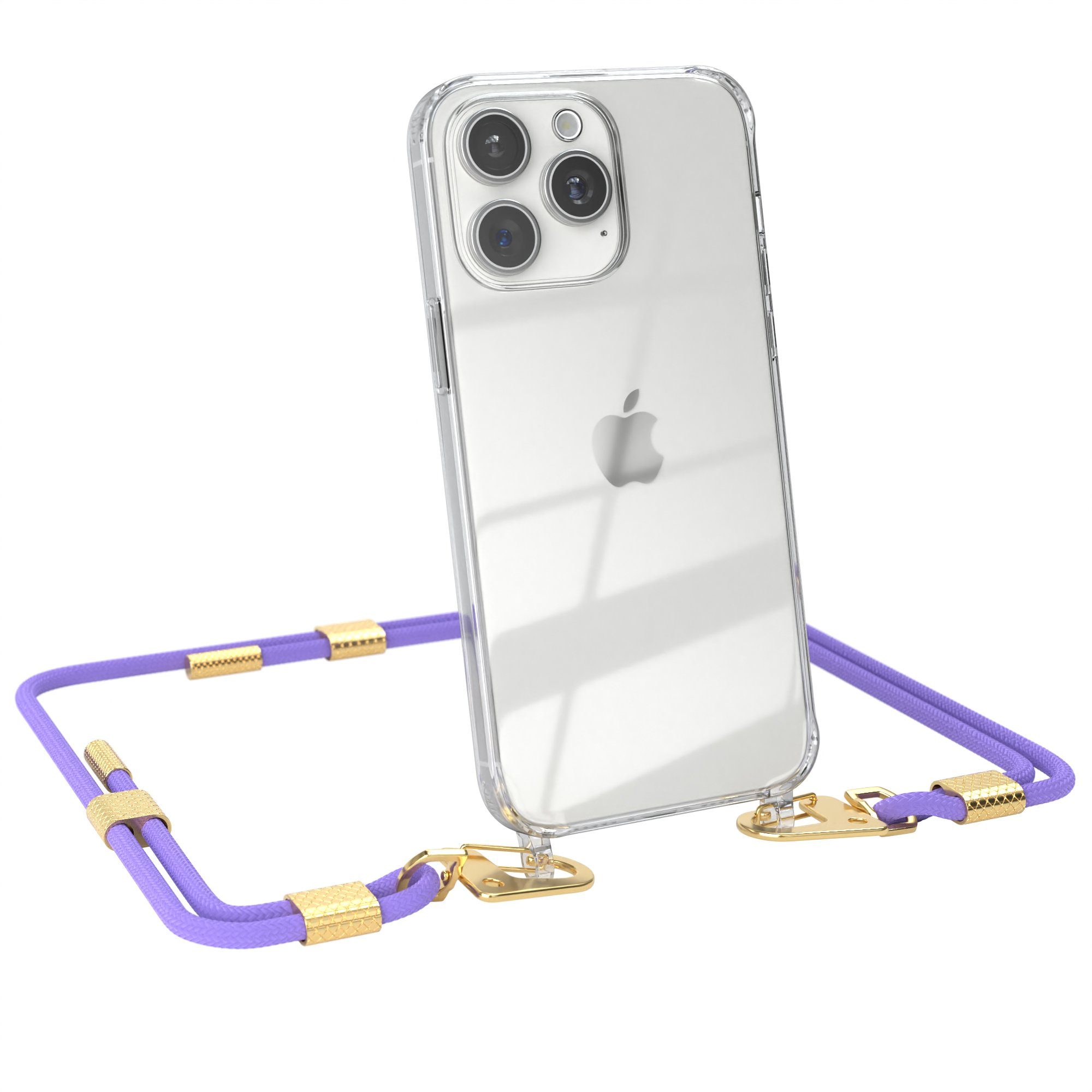 EAZY CASE Handykette Silikonhülle mit Kette für Apple iPhone 15 Pro Max 6,7 Zoll, Smartphonekette Cover Silikonhülle Umhängetasche Flieder Lila Gold