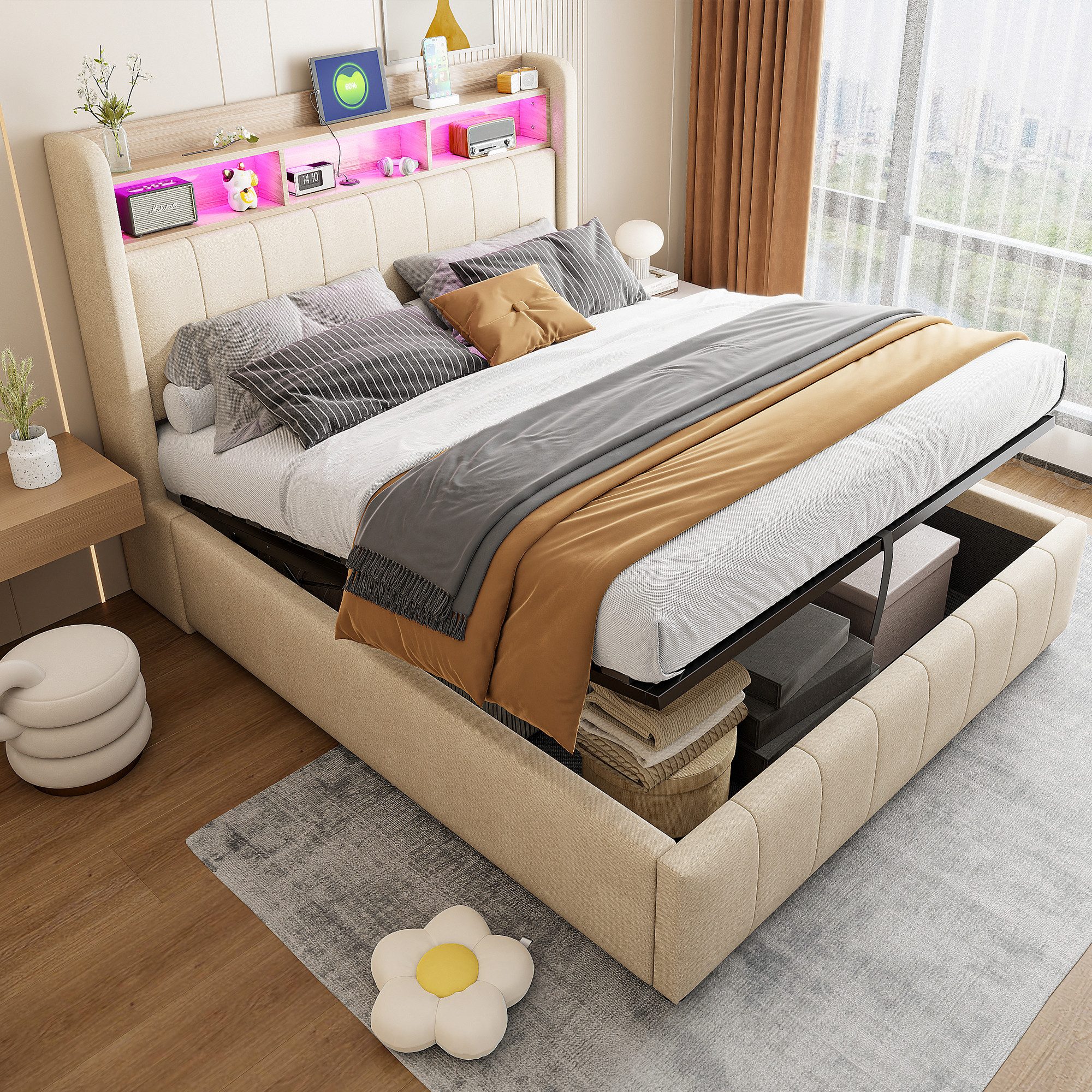 OKWISH Polsterbett Doppelbett, mit hydraulisches Stauraum (mit Kopfteil Ein günstig online kaufen