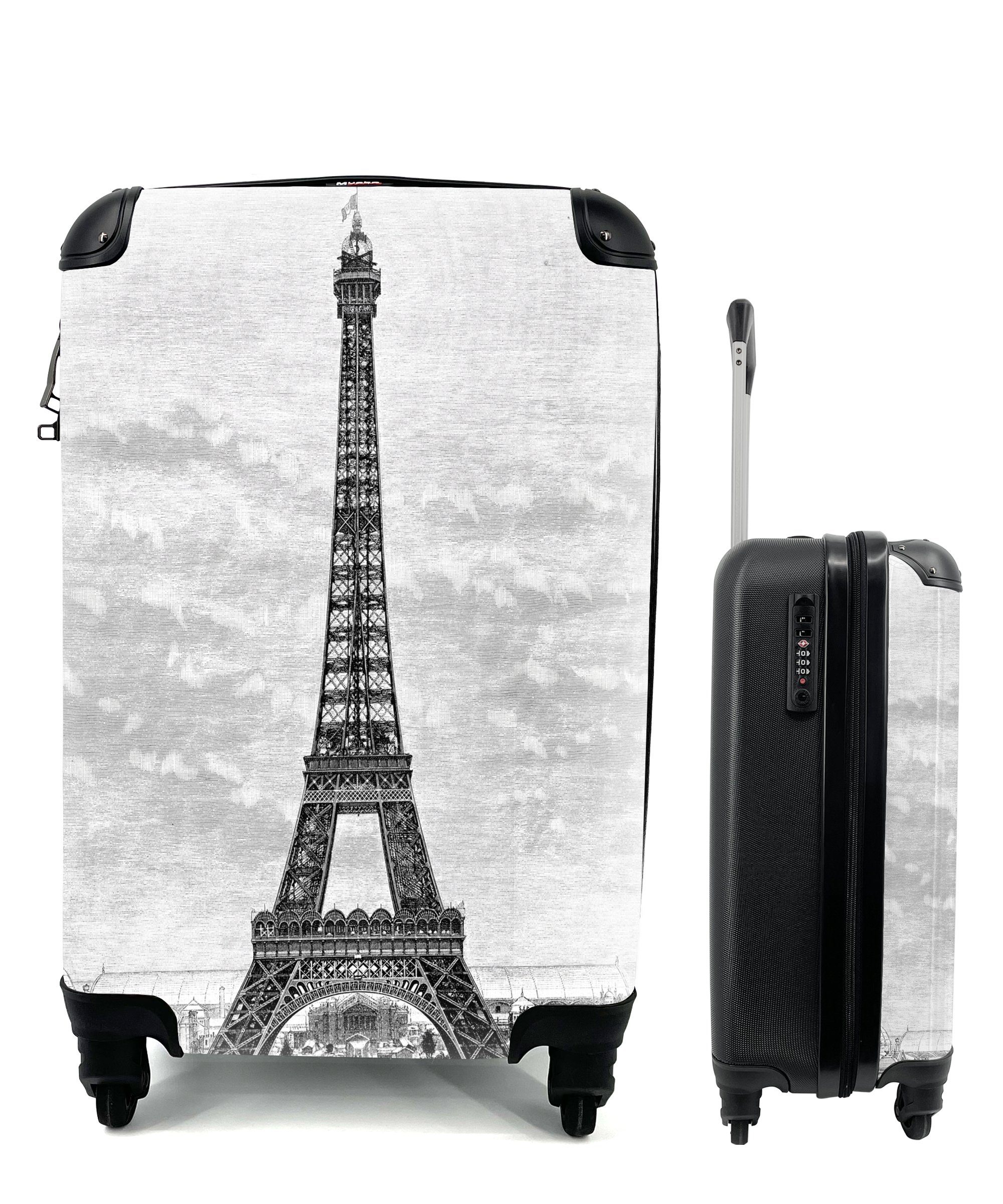 MuchoWow Handgepäckkoffer Eine Illustration des Eiffelturms aus dem 19. Jahrhundert, 4 Rollen, Reisetasche mit rollen, Handgepäck für Ferien, Trolley, Reisekoffer