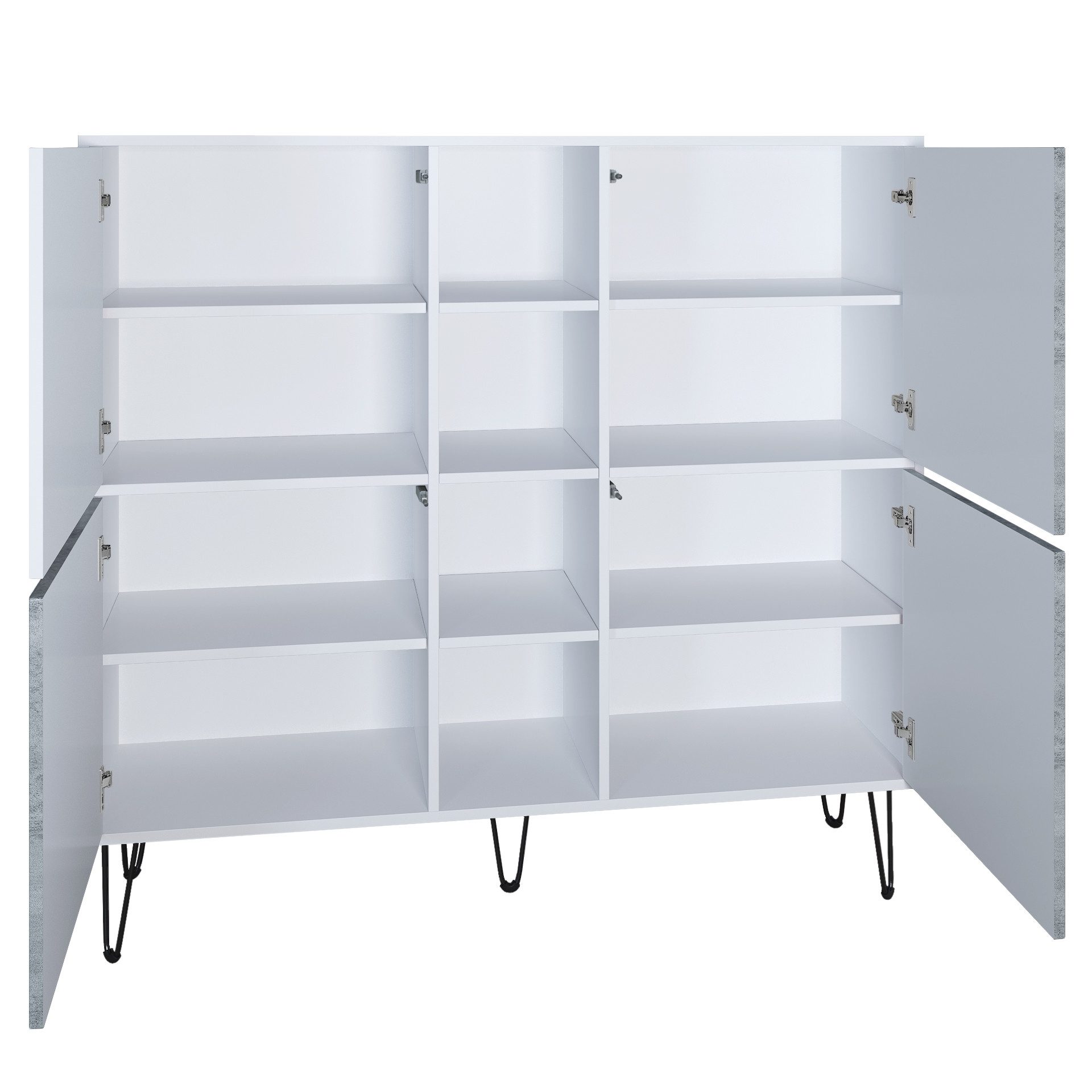 Vladon Highboard Havana V3 (Sideboard mit 4 Türen und 4 offene Fächer, Kommode Made in Germany), Weiß matt / Schwarz Hochglanz (130,5 x 124 x 35 cm)
