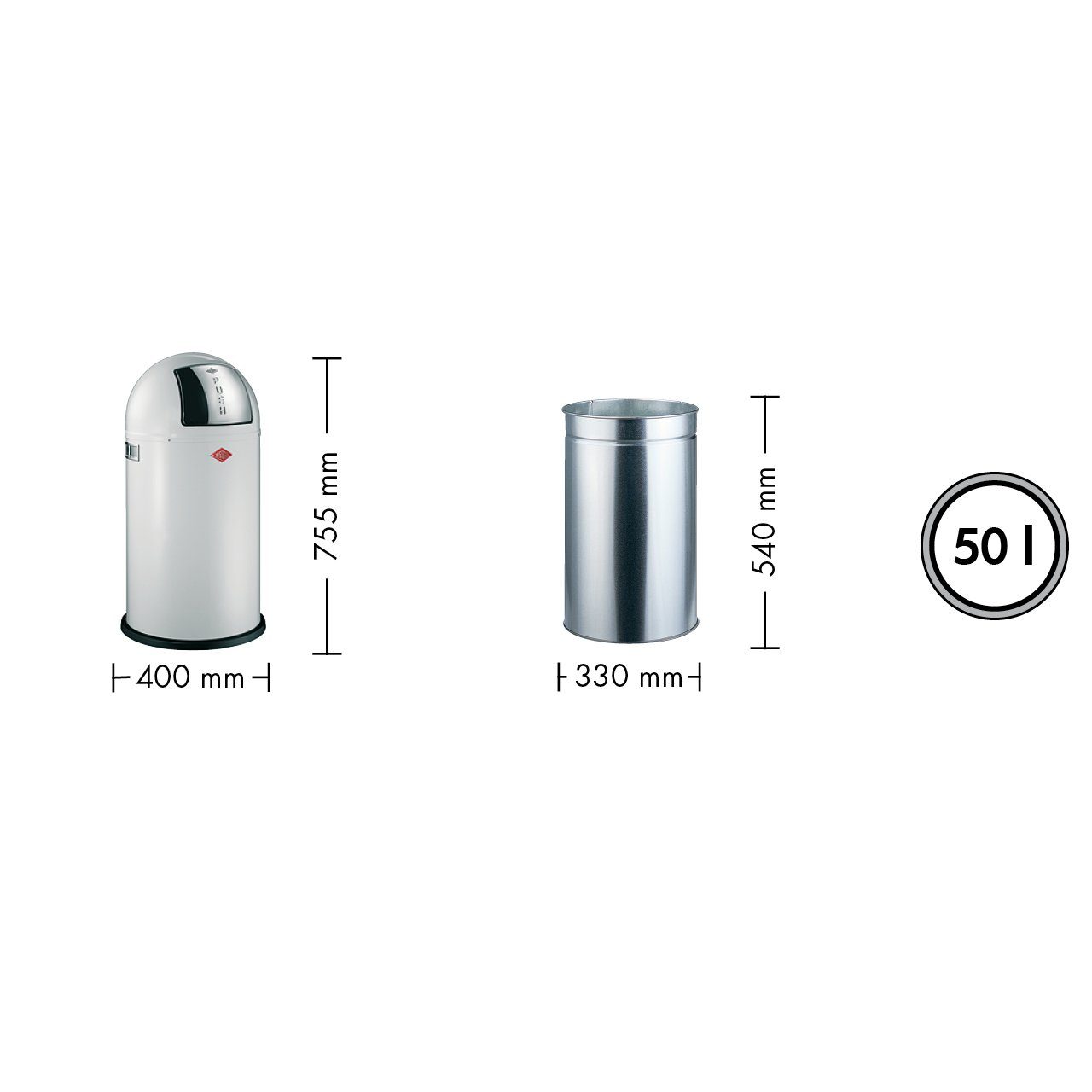 Grey WESCO Liter Mülleimer 50 Stahlblech, PUSHBOY Liter, 50 Warm