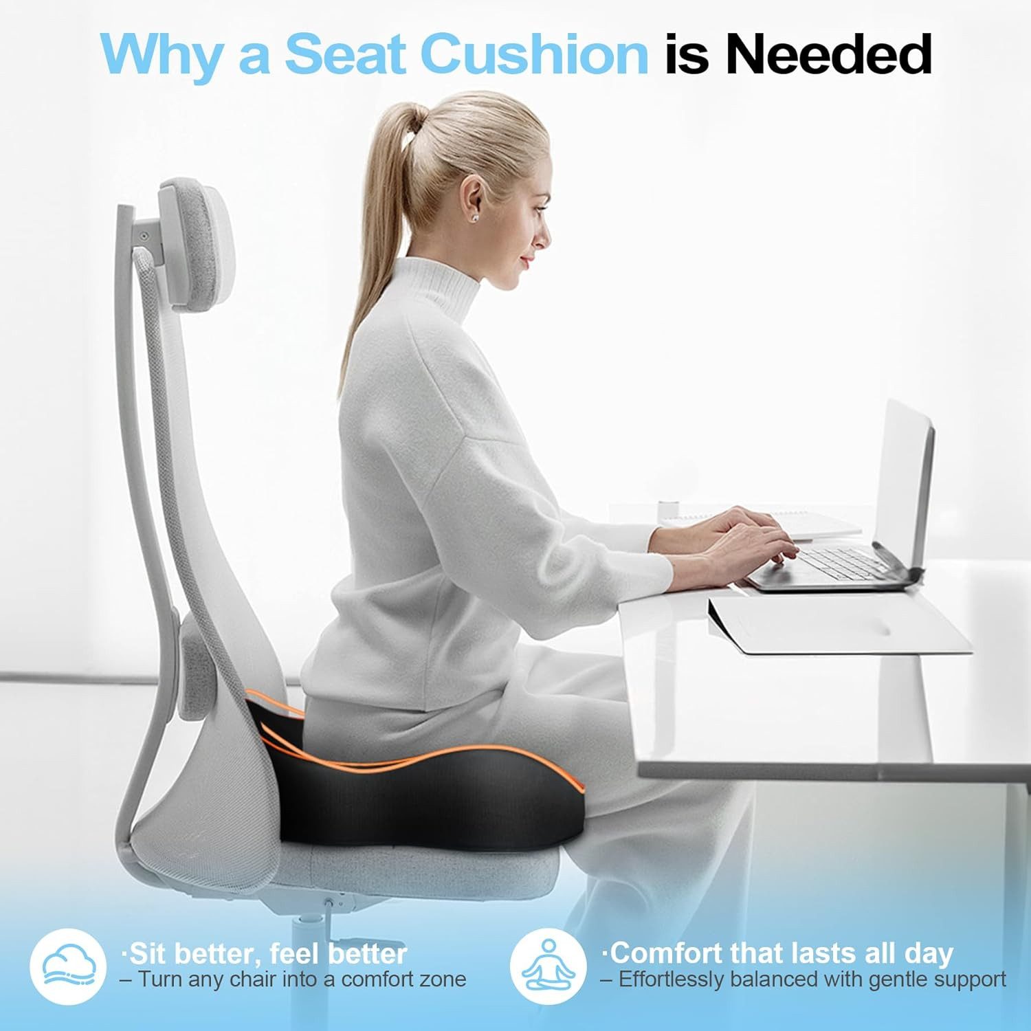POPOLIC Sitzkissen Bürostuhl-Sitzkissen mit ergonomischer Stützfunktion, Stützdesign, rutschfeste Sitzkissen für professionelles Büro,Zuhause und Autofahren