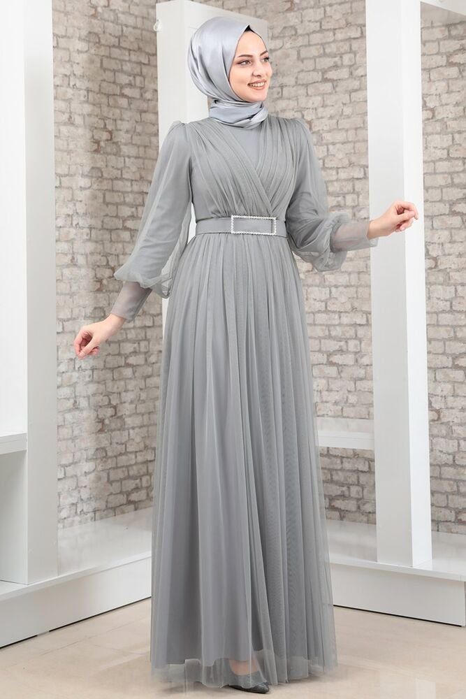 Modavitrini Abendkleid Damen Tüllkleid Abiye Abaya Hijab Kleid langärmliges Maxikleid mit Gürtel Grau