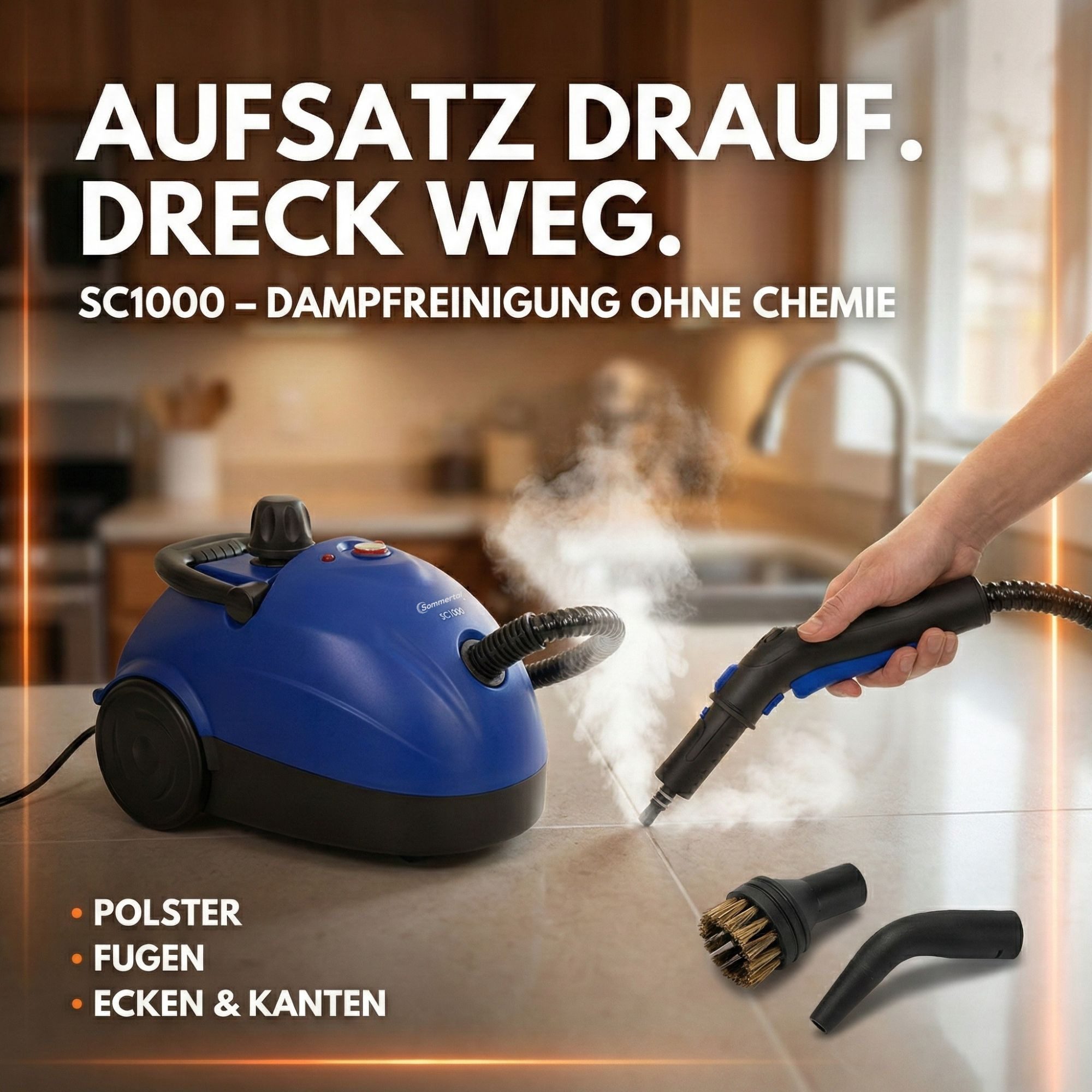 Sommertal Handdampfreiniger Sommertal XXL SC1000 Dampfreiniger Handgerät 1500 W, 1500 W, 1100 ml Tank, 16-teiliges Zubehörset, Steam Cleaner