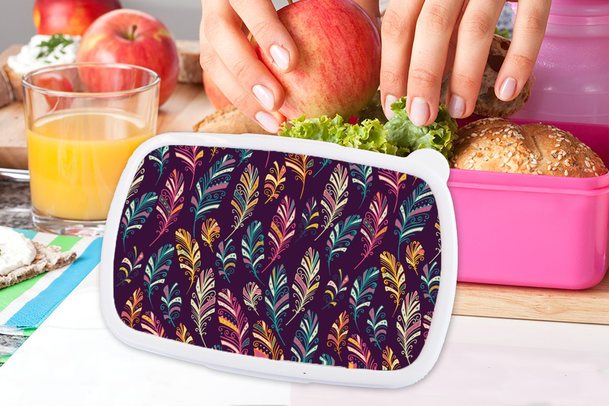 MuchoWow Lunchbox Puber - Federn Kunststoff Kunststoff, für Erwachsene, - Mädchen, Kinder, Snackbox, Brotbox (2-tlg), Brotdose rosa - Boho Muster