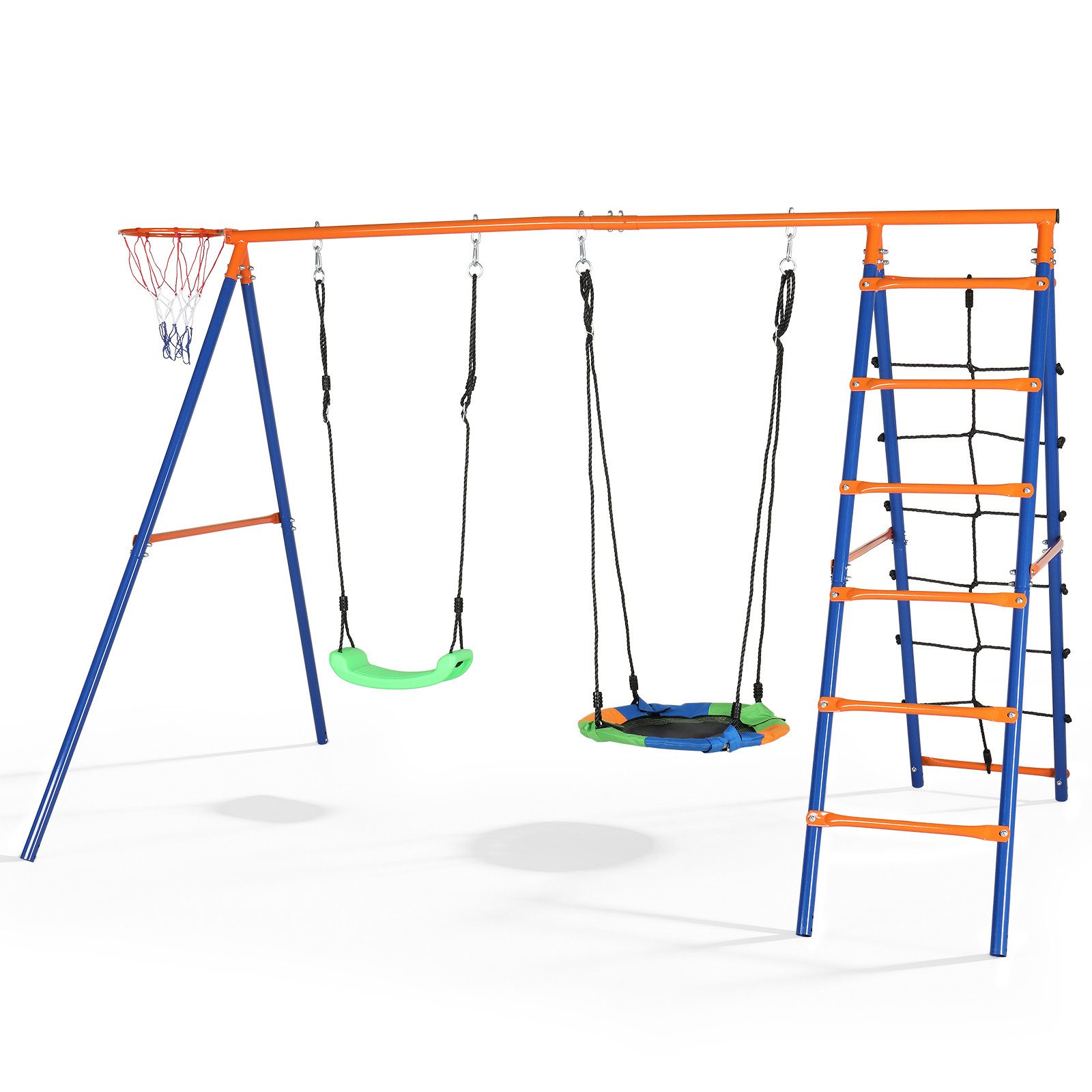 LALAHO Schaukelgestell nmit Nestschaukel,Kinderschaukel,A-Rahme,Schaukelgerüst, 5-in-1 Schaukelset mit Kletterleiter & Basketballkorb für Garten
