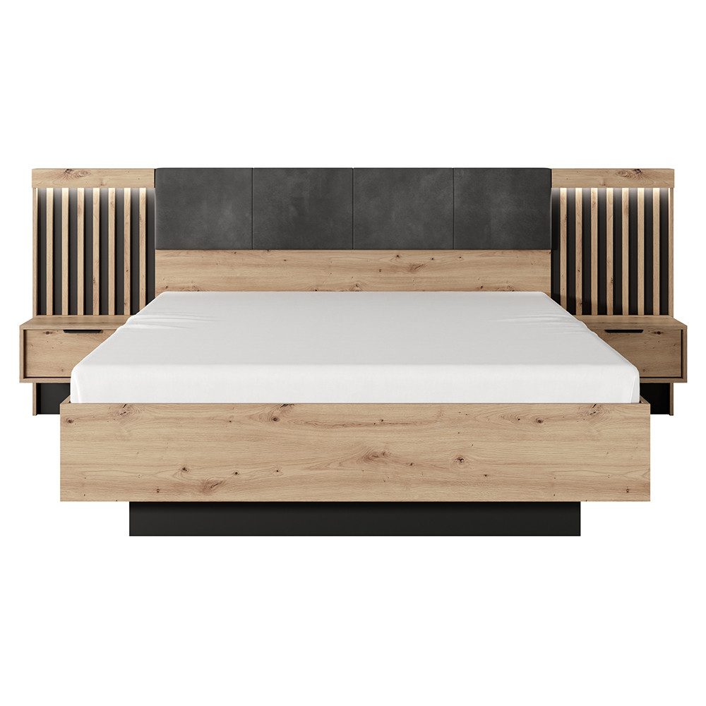 Lomadox Schlafzimmer-Set TALCA-167, (Spar-Set, 3-tlg., Bettgestell Lattenrost Nachtkommoden Beleuchtung), Eiche Dekor 160x200 cm Kopfteil gepolstert Lattenrost LED Beleuchtung