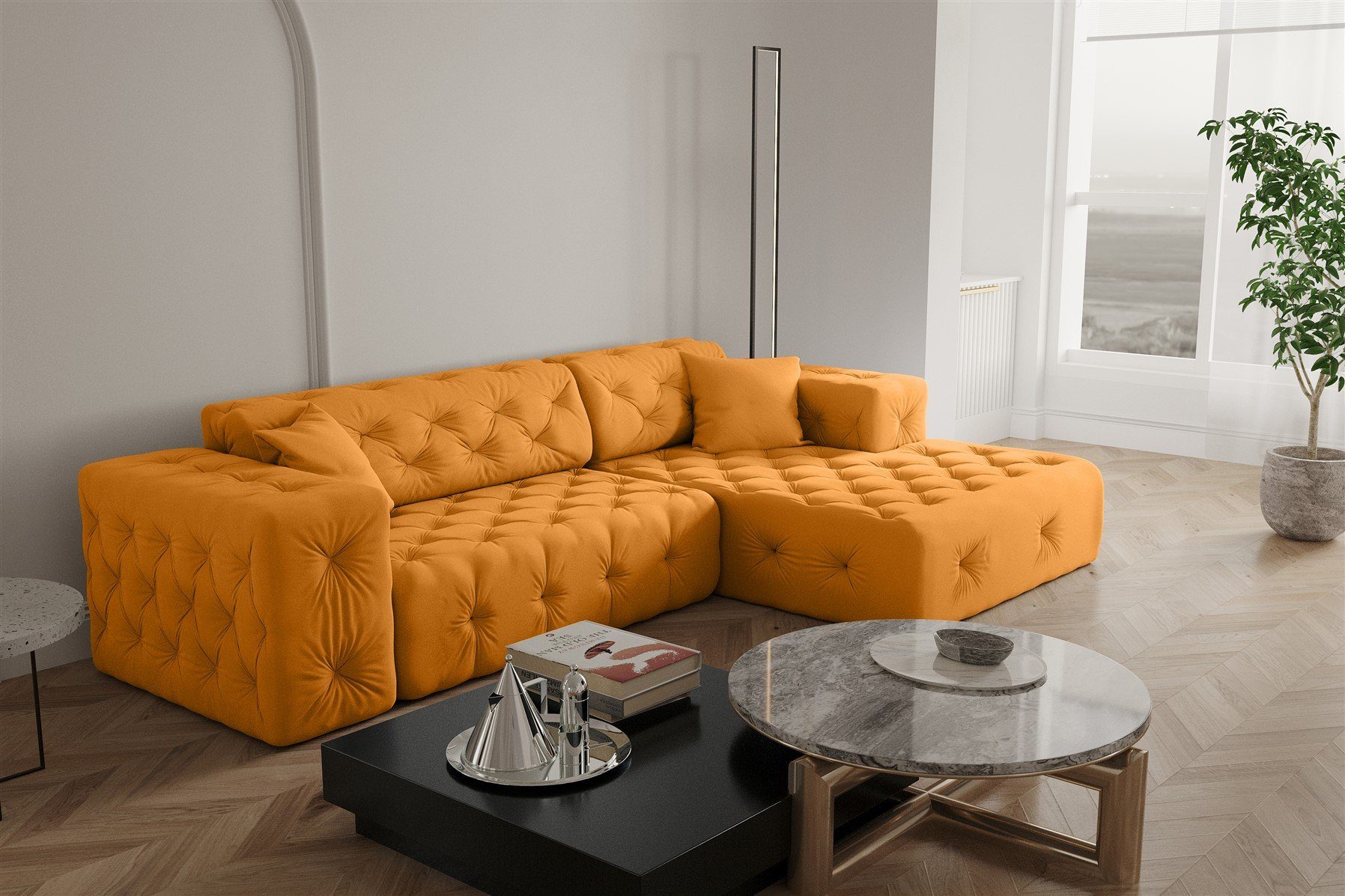 Ecksofa in Zierkissen Opera CHANTAL mane Designersofa Velvet, oder 2 Gelb Ecksofa Möbel Fun Links Rechts, Stoff incl.