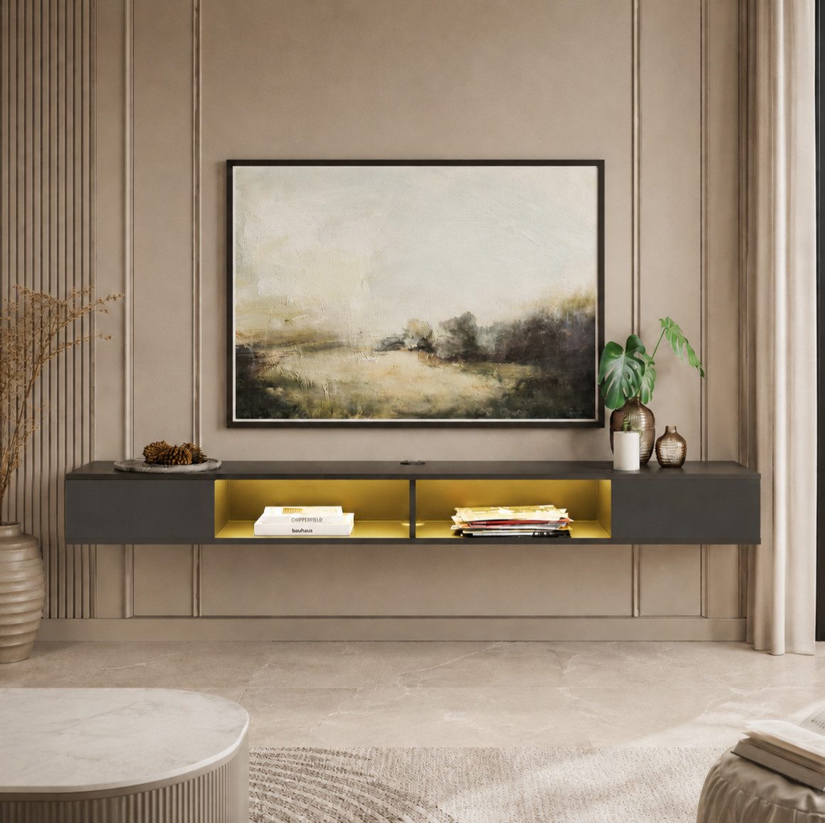WAMPAT Lowboard ca. 180 cm breiter hängender TV-Schrank mit 4 Fächern (für Fernseher bis 80 Zoll, mit LED-Beleuchtung), TV Board, offene Seiten