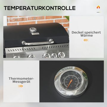 Outsunny Gasgrill 2,5 kW Grillwagen mit 4+1 Brenner, Thermometer, BBQ Grill, Campinggrill, für Garten, Balkon, Schwarz