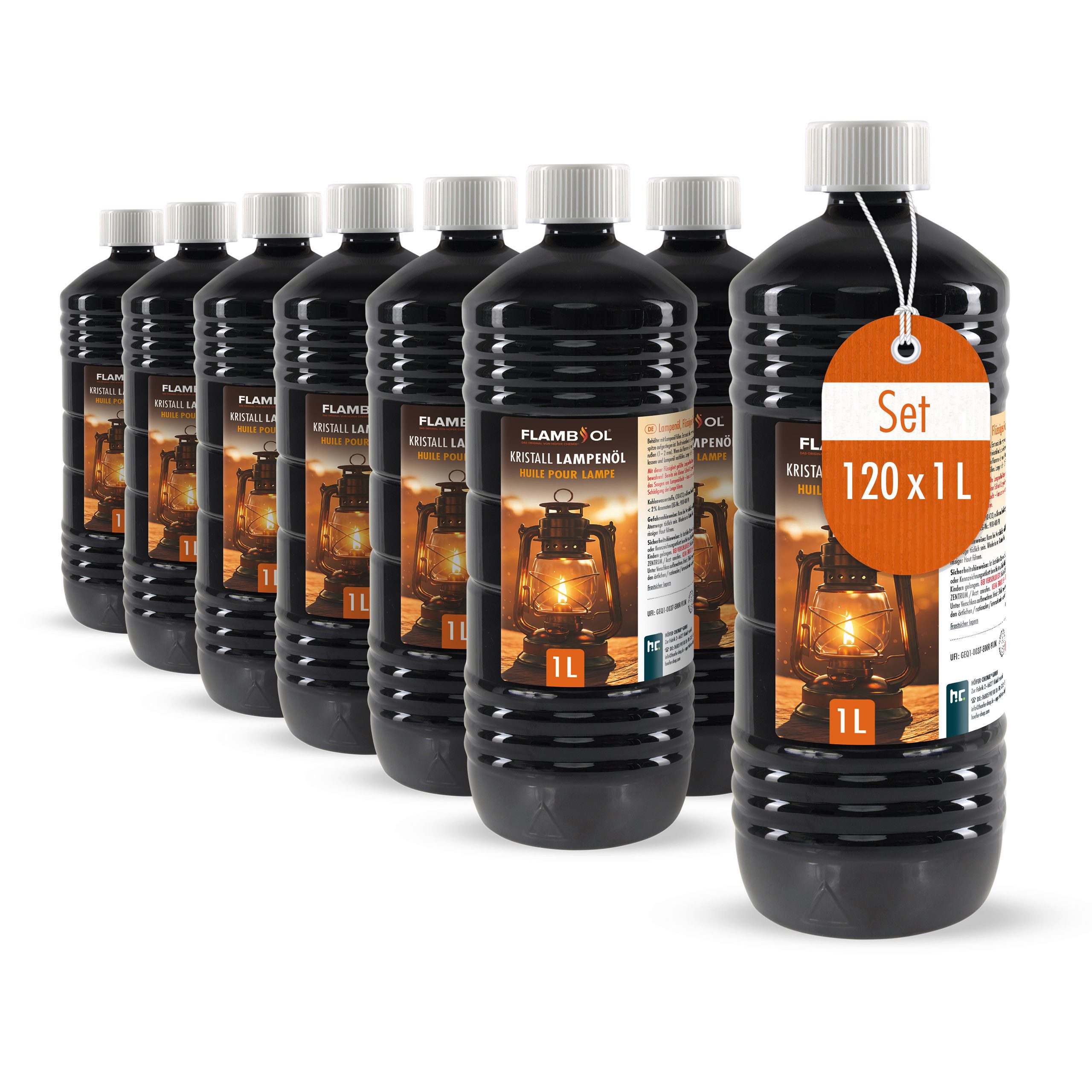 Höfer Chemie GmbH Lampenöl 120x 1 L FLAMBIOL® Lampenöl Hochrein Kristallklar, 120 l, (120-St), Sauberer Brennstoff für Lampen und Fackeln