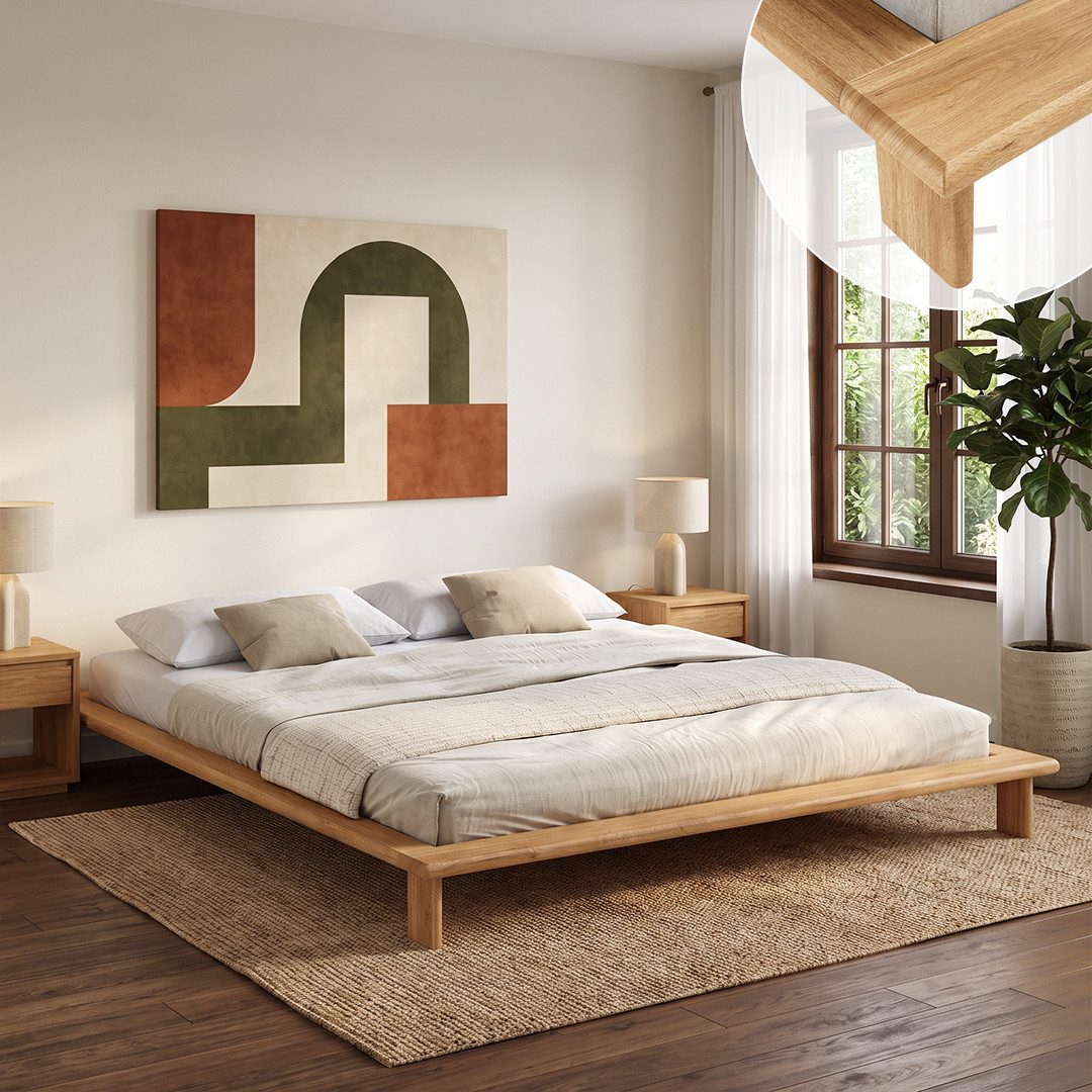 skølm Futonbett Skald aus Massivholz Eiche, Holzbett mit Stauraum (Natur, 180x200 cm), Massivholzbett geölt & lackiert, in 120/140/160x200 cm verfügbar