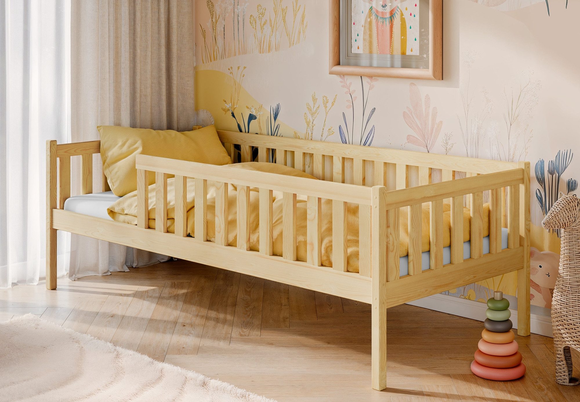 Kinderbett mit Rausfallschutz, Lattenrost und optionaler Matratze, Kinder Bett