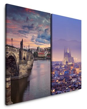 Sinus Art Leinwandbild 2 Bilder je 60x90cm Barcelona Prag Altstadt Kathedrale Burg Europa Reisen