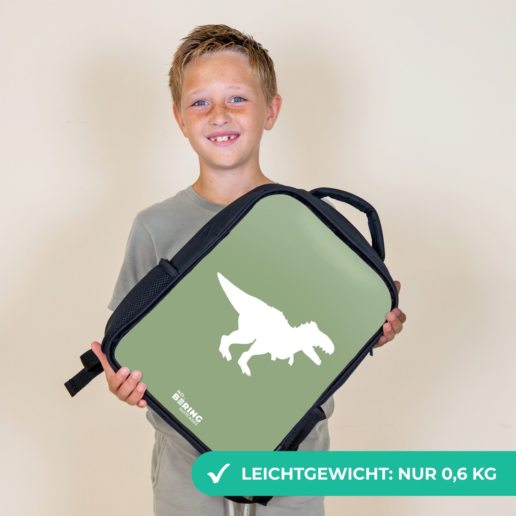 NoBoringSuitcases.com© Rucksack Grün mit T-Rex-Dino, Kinderrucksack Schwarz, Schulrucksack, Freizeitrucksack Jungen Mädchen