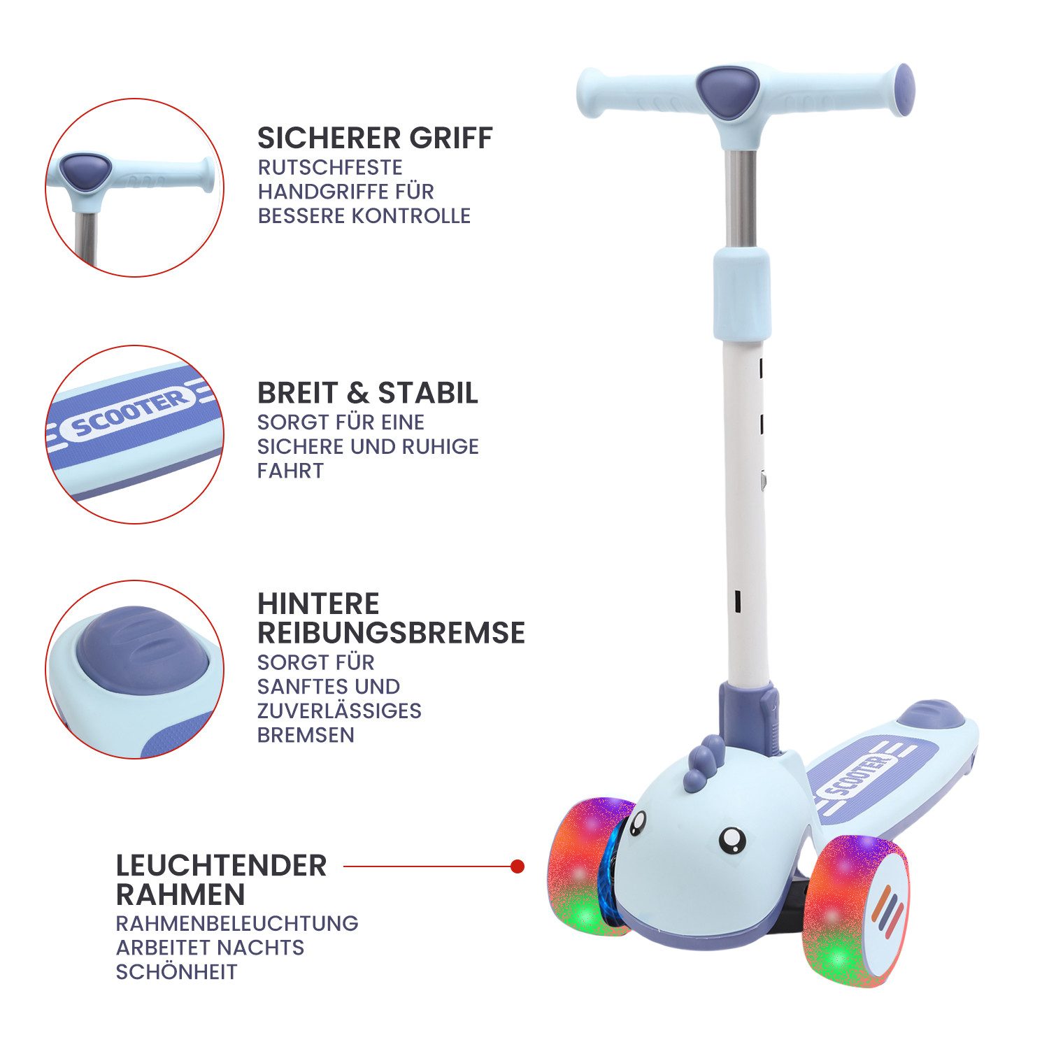 Habib Gruppe Dreiradscooter Kinderroller mit Tier-Design, 3-Rad, LED-Licht & Faltbar