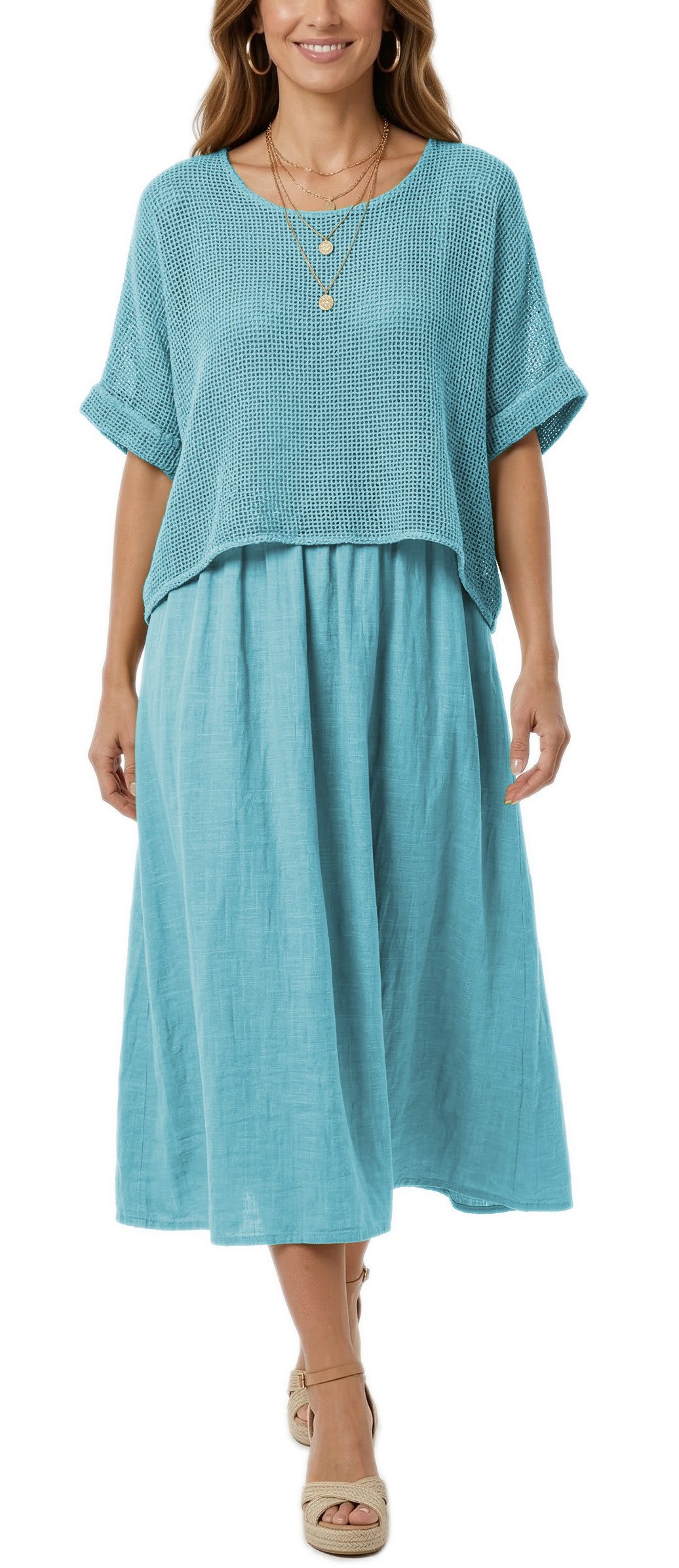 dy_mode Sommerkleid Damen Sommerkleid Midikleid in Zweiteiler-Optik Lagenlook Kleid in Unifarben, Zweiteiler-Optik