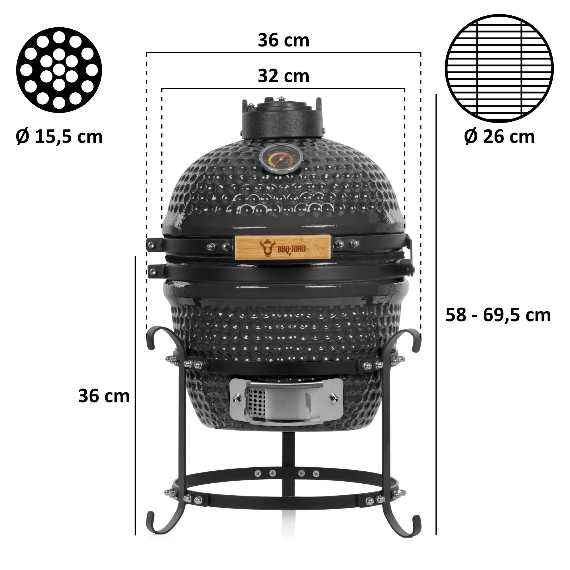 BBQ-Toro Keramikgrill Kamado Holzkohlegrill Ø 32 cm "HAIIRO" mit Grillrost und Thermometer