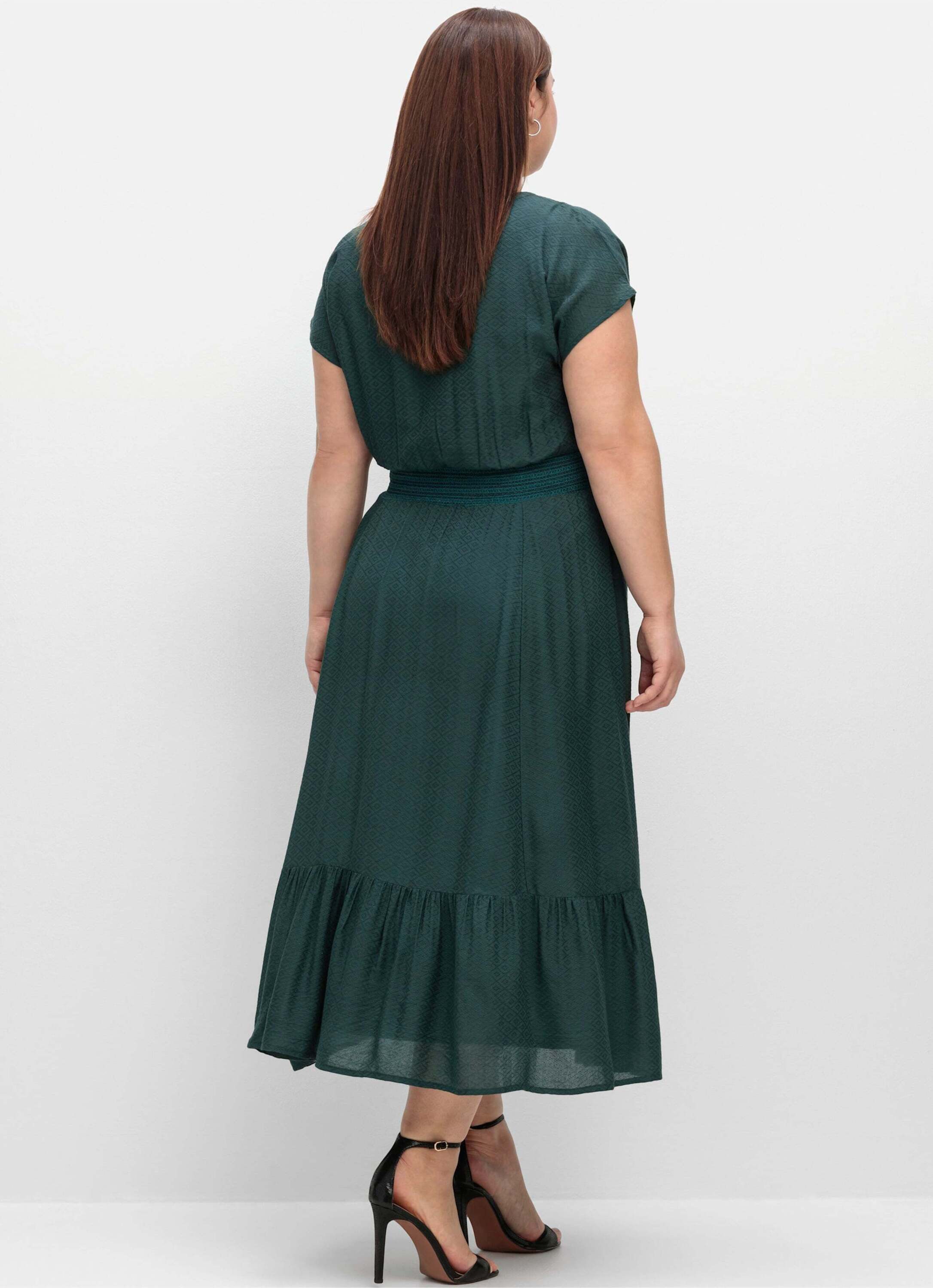 Sheego Etuikleid Maxikleid Kurzarm mit Smokbund und Volant am Saum