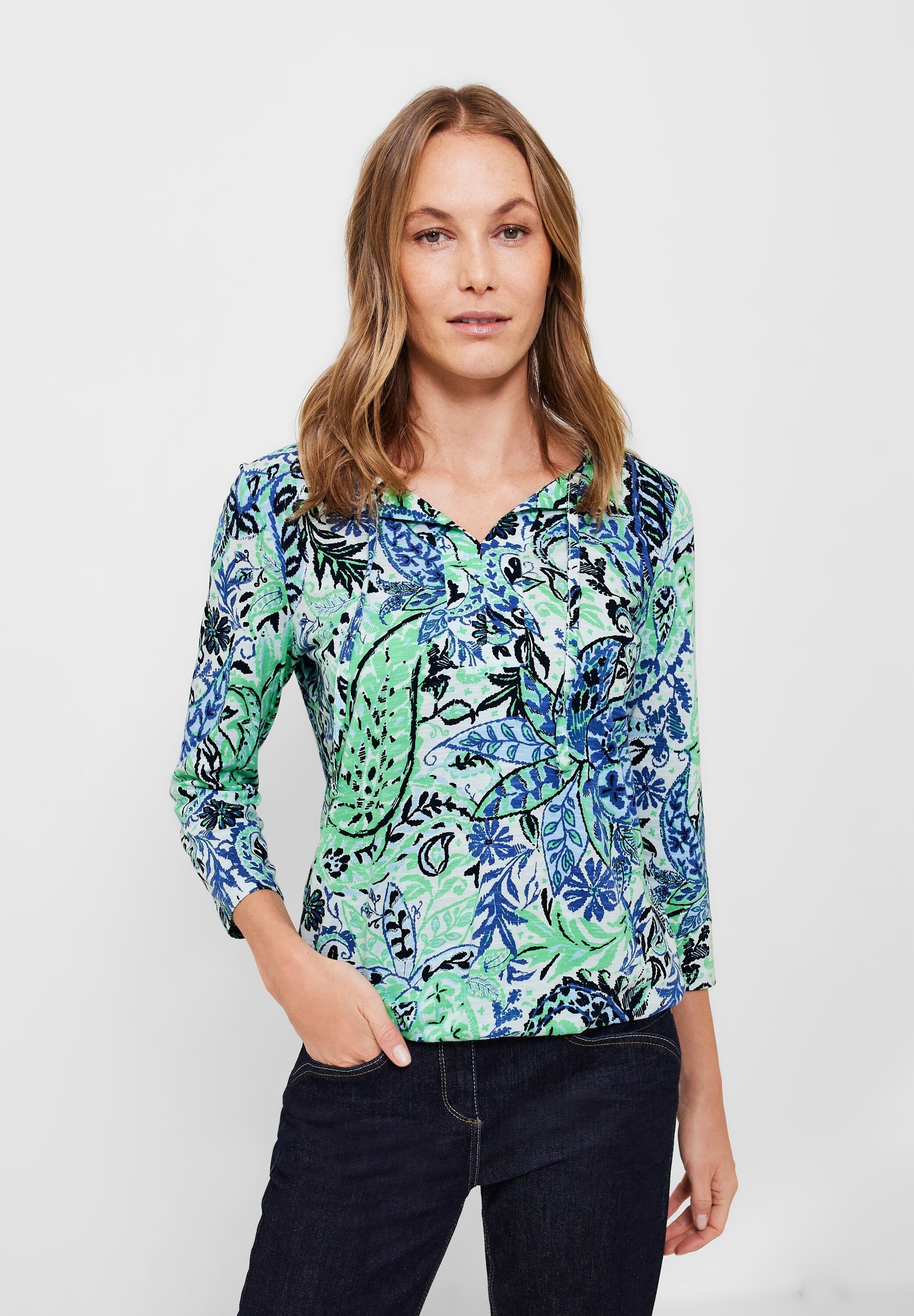 Cecil 3/4-Arm-Shirt mit geschlitztem Rundhalsausschnitt mit Bändchen,  Paisley Printmix