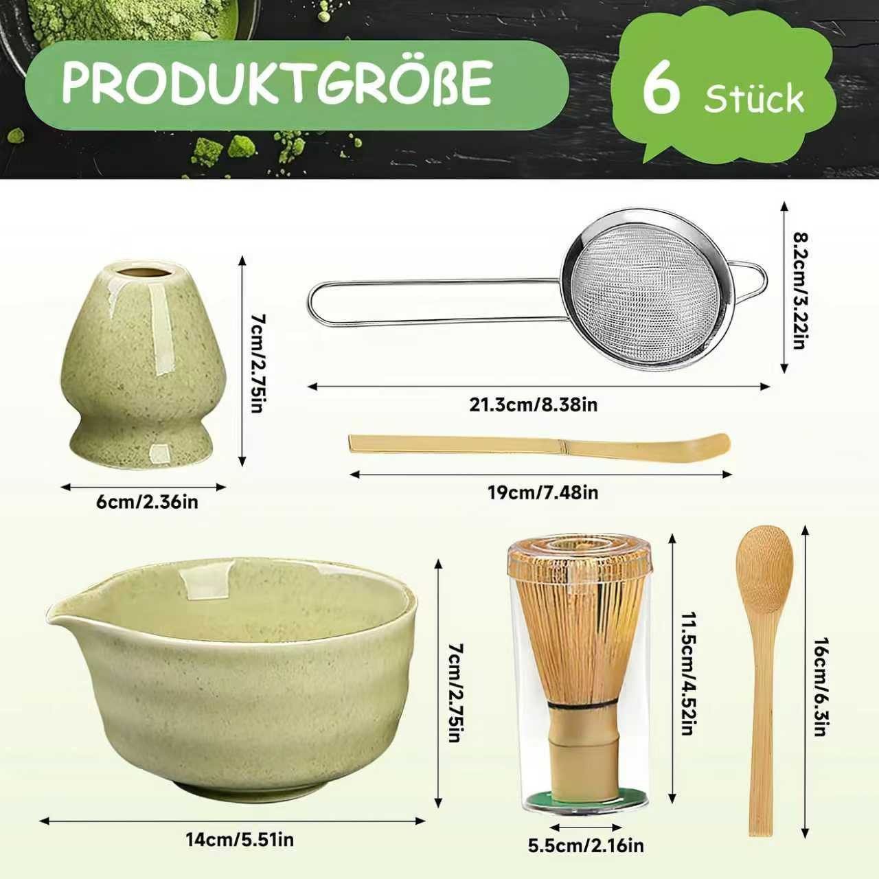 SURFOU Teeservice 6 Stück Matcha Tee Set mit Matcha Besen Edelstahlsieb Schal, 2 Matcha Löffel Besenhalter aus Keramik Matcha-Utensilien