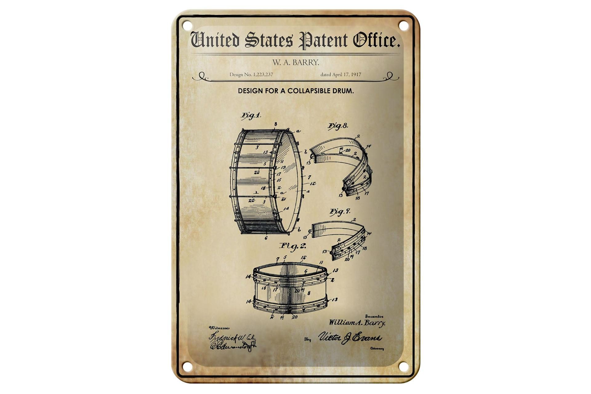 Femer GmbH Metallschild Patent 12x18 cm Entwurf für eine zusammenklappbare Trommel, (1 St), gewölbte Oberfläche, abgerundete Ecken, umgeschlagene Kanten