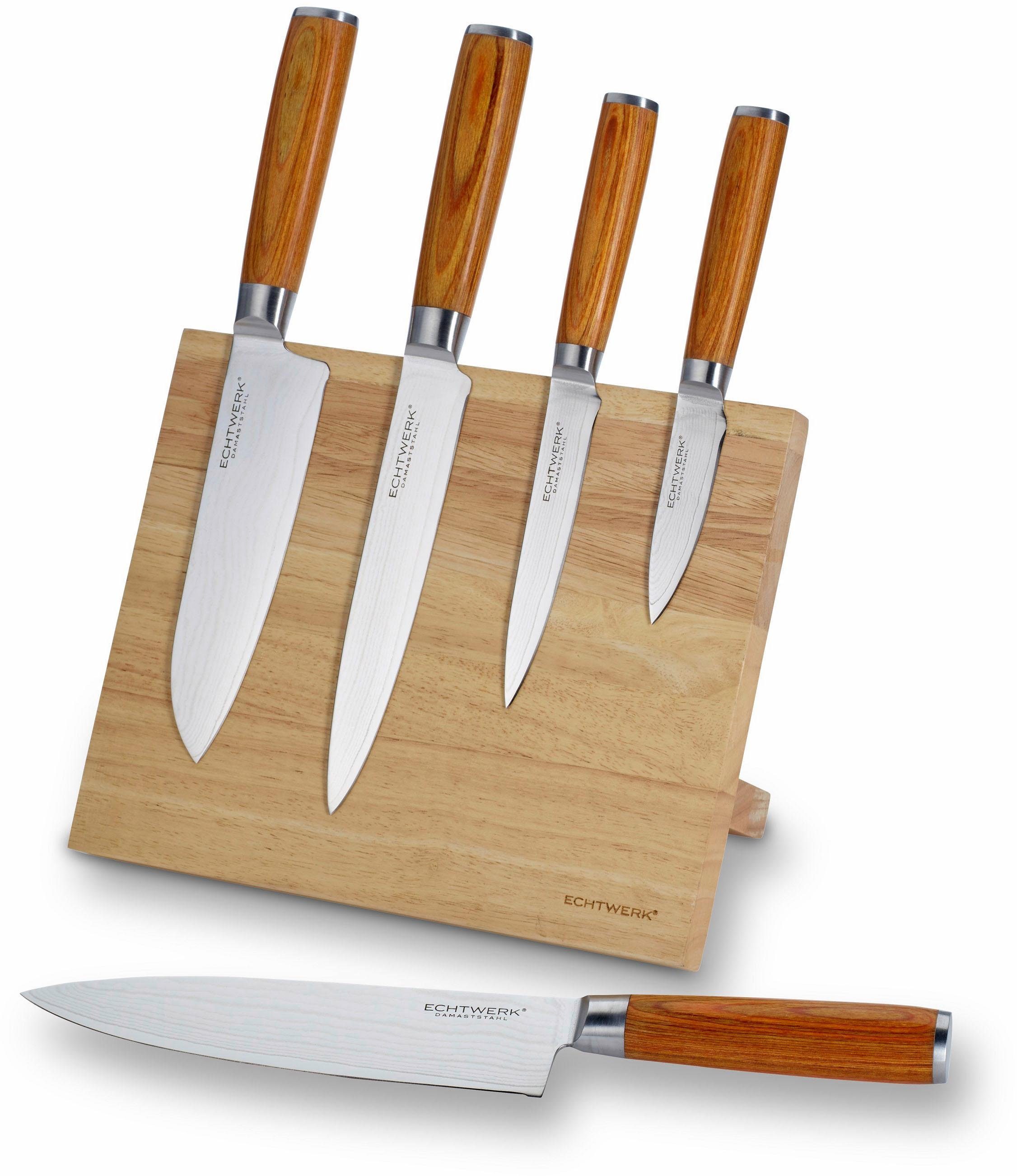 ECHTWERK Magnet-Messerblock Damaszener (6tlg), incl. Damaszener Messer-Set mit Holzgriffen in natürlicher Optik