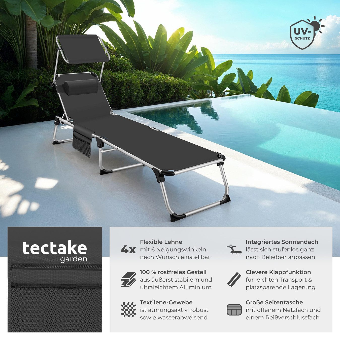 tectake Gartenliege klappbare Aluminium Sonnenliege mit Seitentasche, 218 x 60 x 33,5 cm, Balkonliege Aurelie, 1 St., für Außen in Schwarz, mit Kopfkissen, wett – Bild 2 von 5