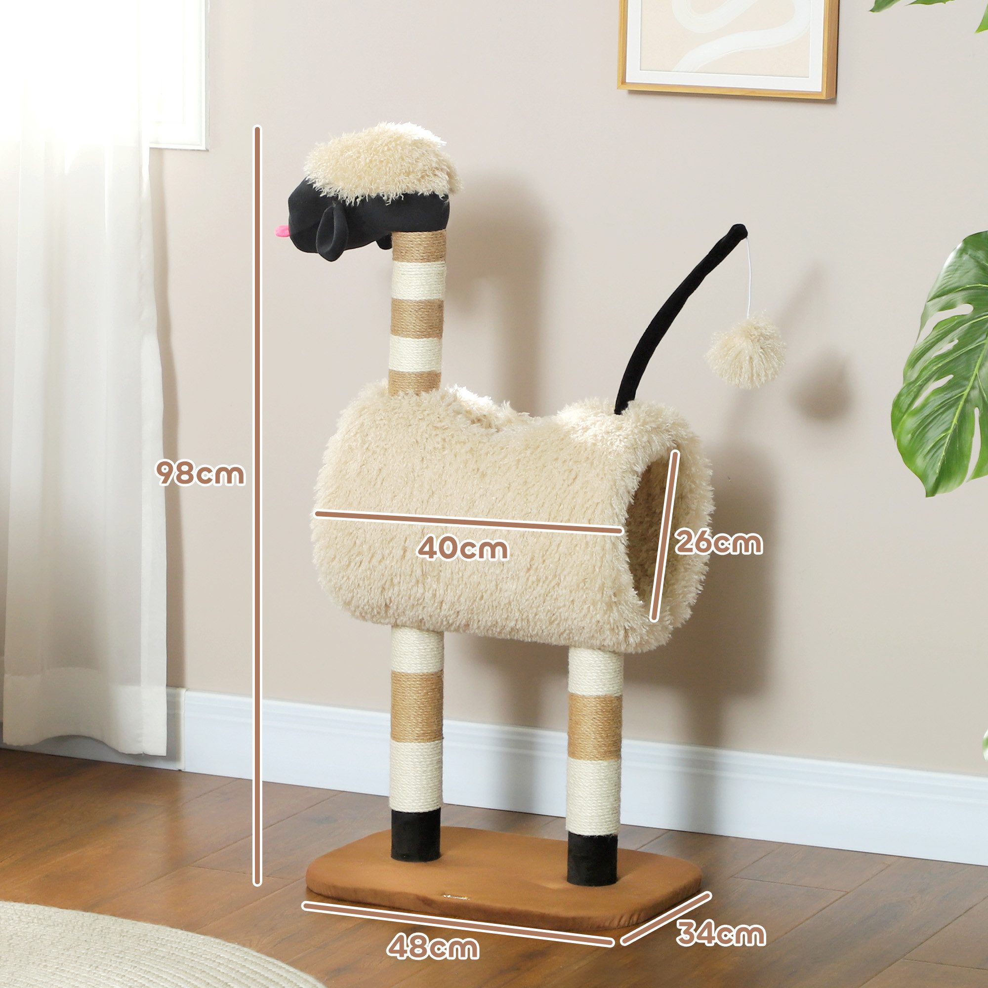 PawHut Kratzbaum 98 cm Katzenbaum im Schaf-Design, mit Kratzpfosten, Tunnel, Spielball, für Katzen bis 5 kg, Hellbraun