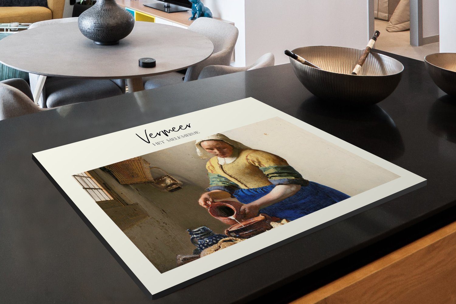 tlg), Meister, nutzbar, - - Alte Herdblende-/Abdeckplatte Vermeer Mobile (1 Milchmädchen Ceranfeldabdeckung MuchoWow 70x52 cm, Vinyl, Arbeitsfläche