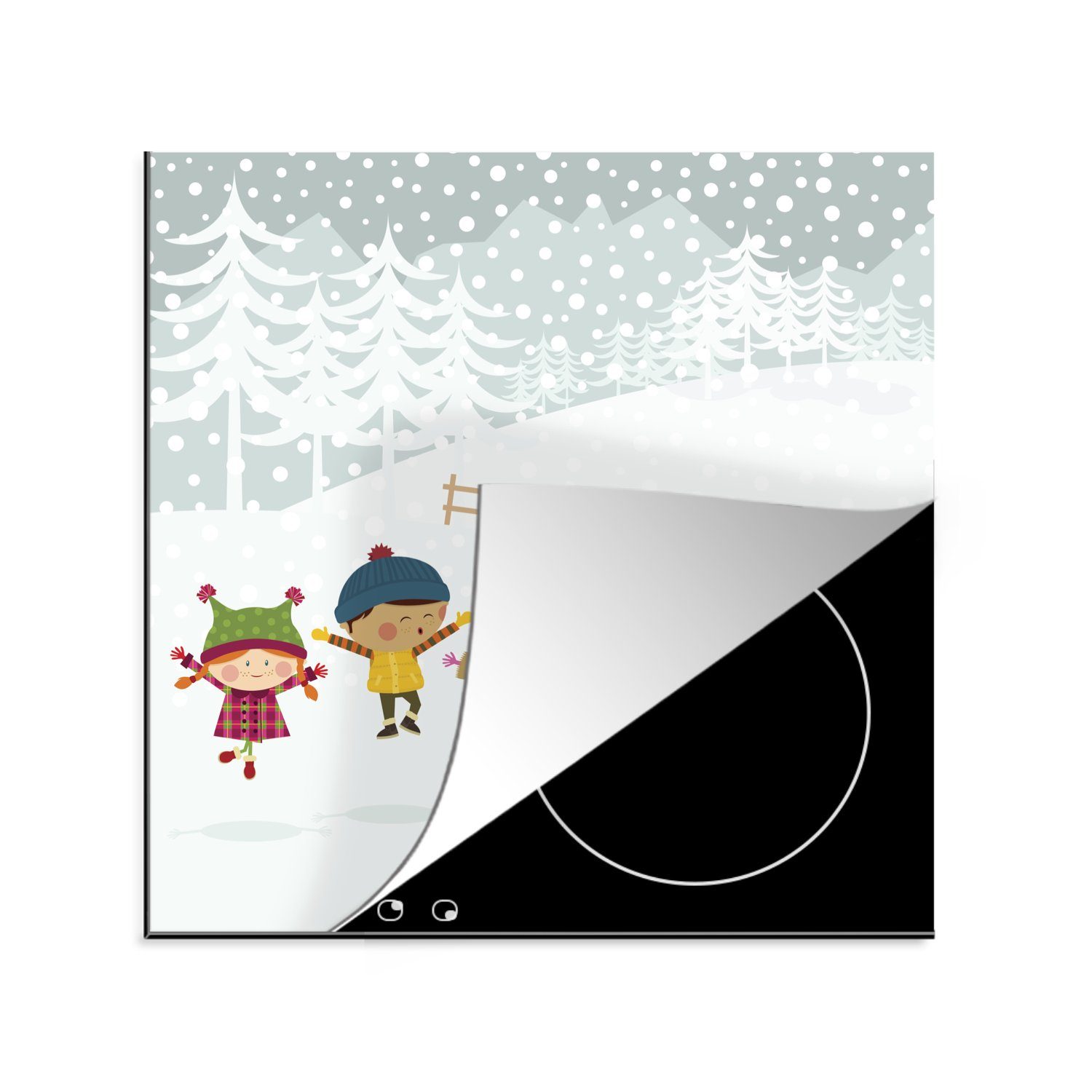 MuchoWow Herdblende-/Abdeckplatte Eine Illustration von fünf Kindern im Schnee, Vinyl, (1 tlg), 78x78 cm, Ceranfeldabdeckung, Arbeitsplatte für küche