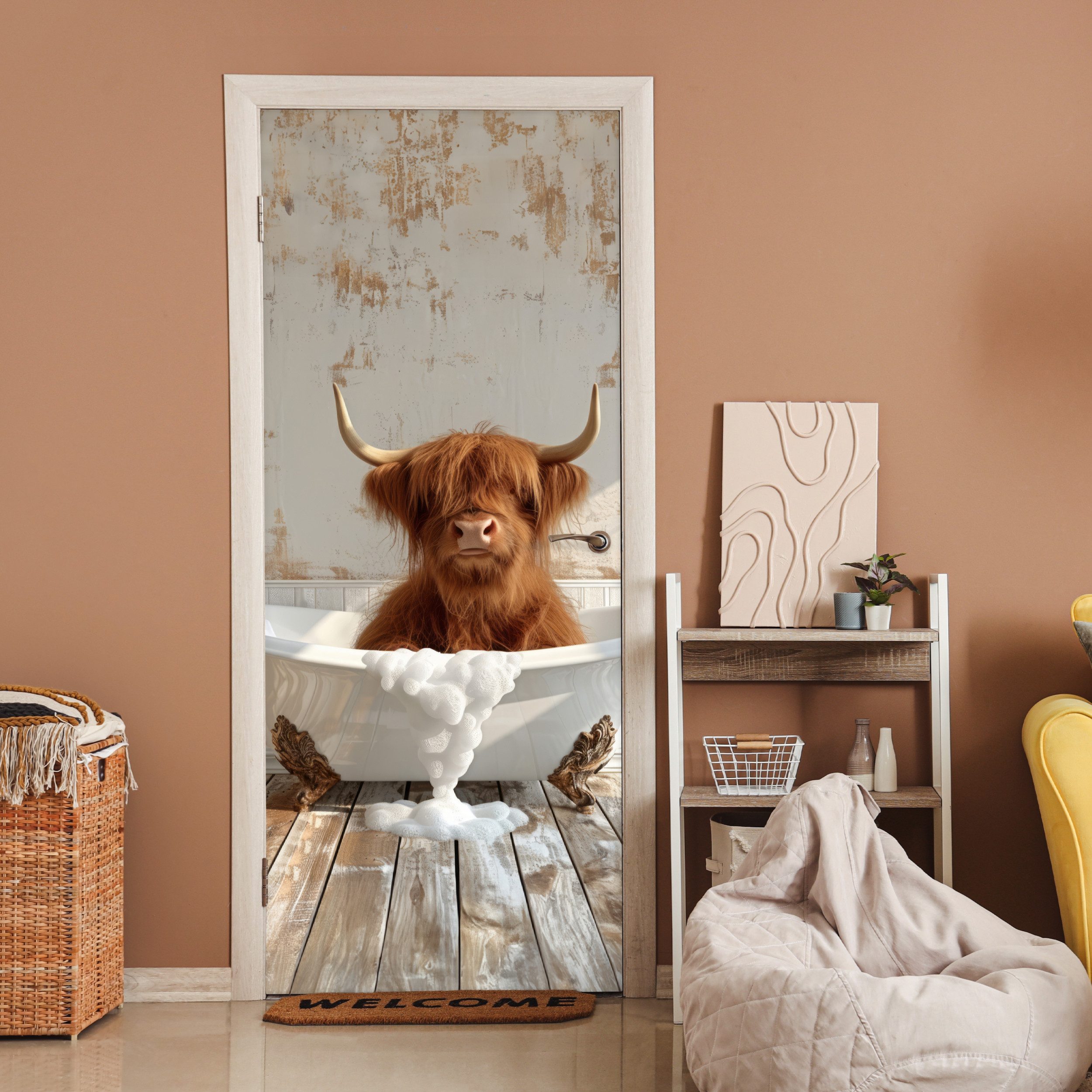MuchoWow Türtapete Schottischer Highlander - Badewanne - Vintage - Kuh, Mat günstig online kaufen