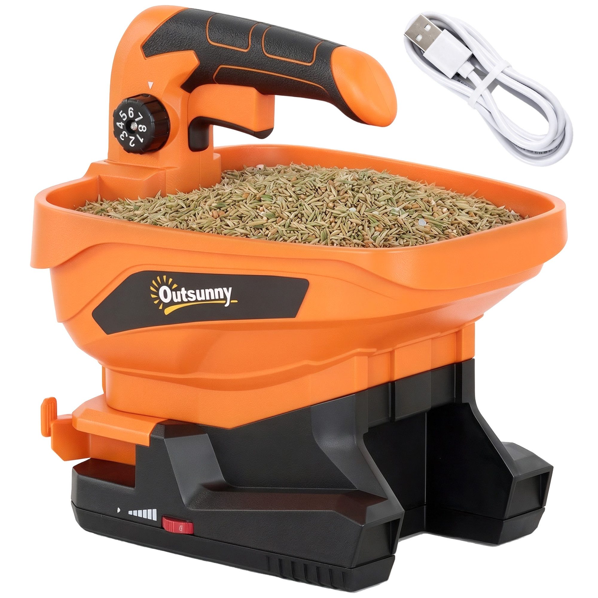 ibettertec Streuwagen Elektrischer Streuwagen 3,3L, 8 Stufen, Streubreite einstellbar, (USB-C, Akku, für Rasen & Winterdienst, Orange)
