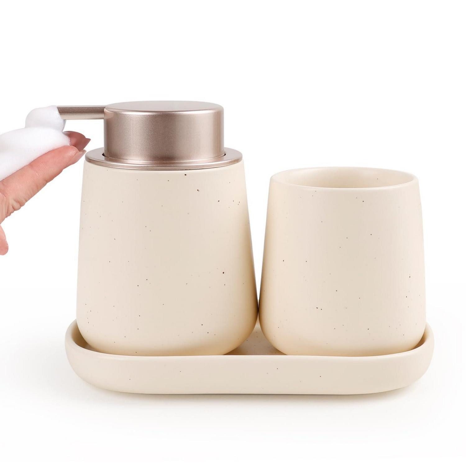 LuxusKollektion Badaccessoire-Set Badezimmer Set Beige 3-teilig Keramik