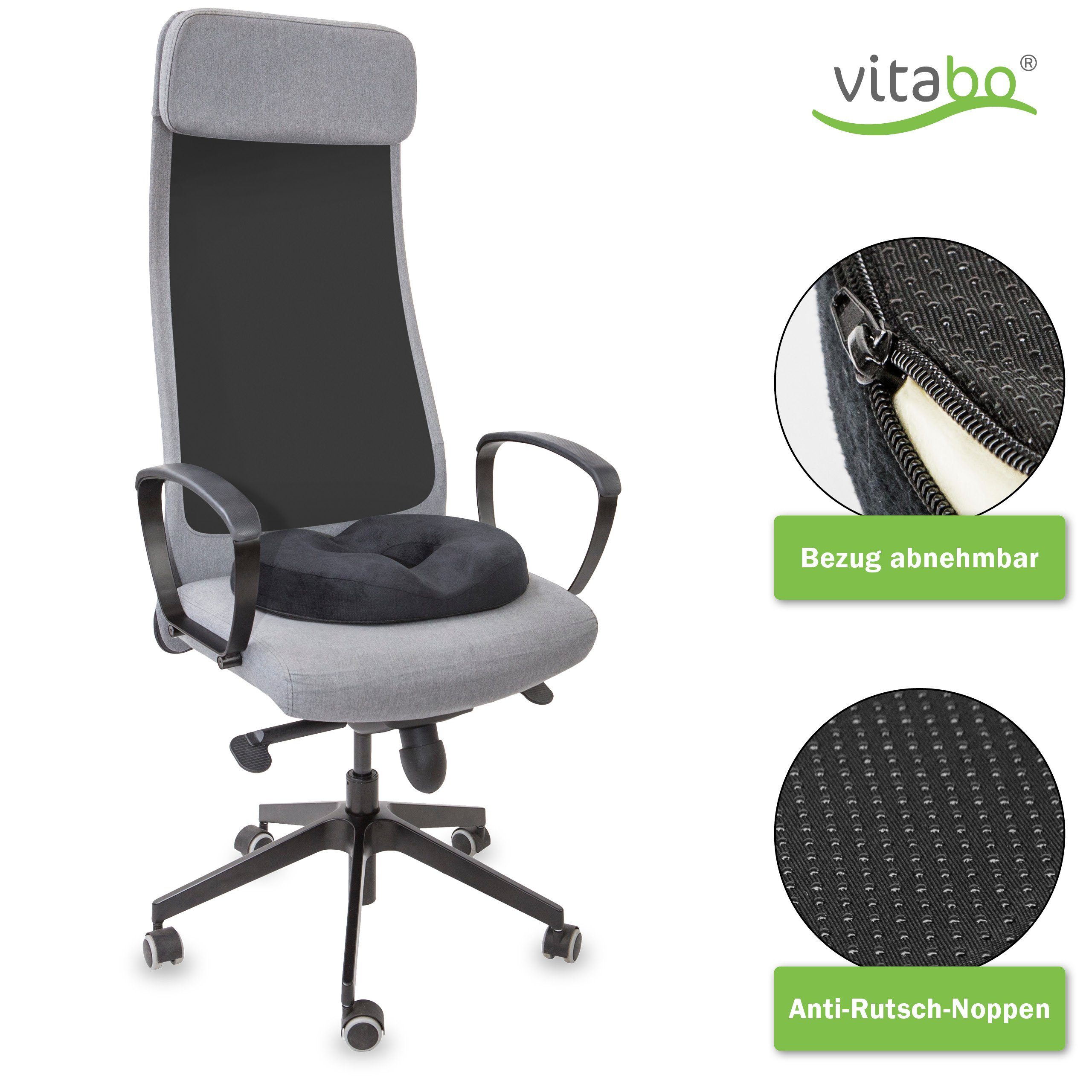 Sitzkissen I mit Bezug weichem Sitzring Sitzdonut in Steißbein-Mulden mit Vitabo O-Form I Sitzkissen Vitabo