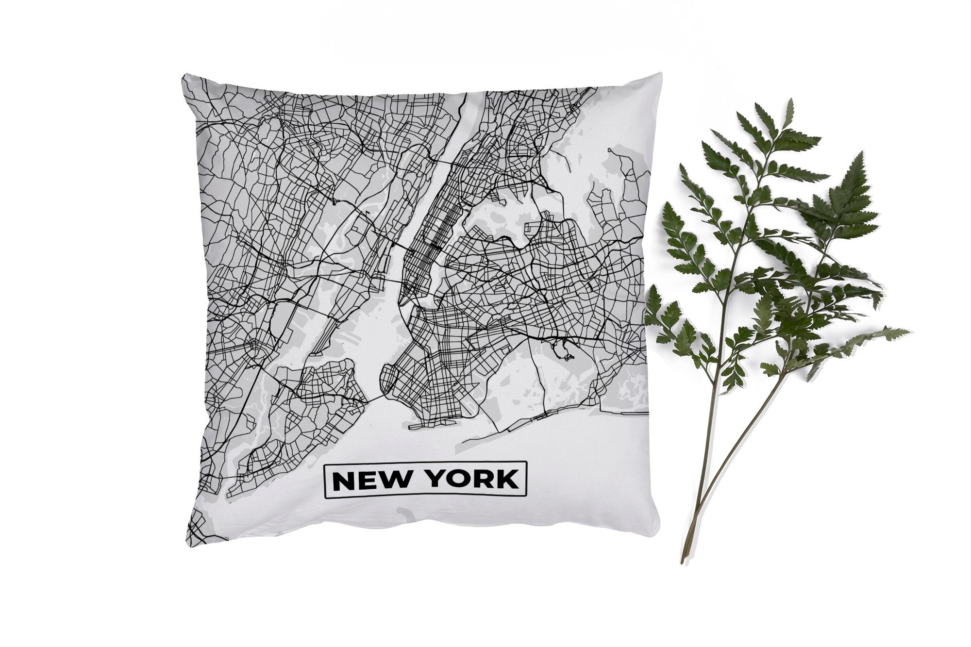 MuchoWow Dekokissen New York - Stadtplan - Schwarz und weiß - Karte, Zierkissen mit Füllung für Wohzimmer, Schlafzimmer, Deko, Sofakissen