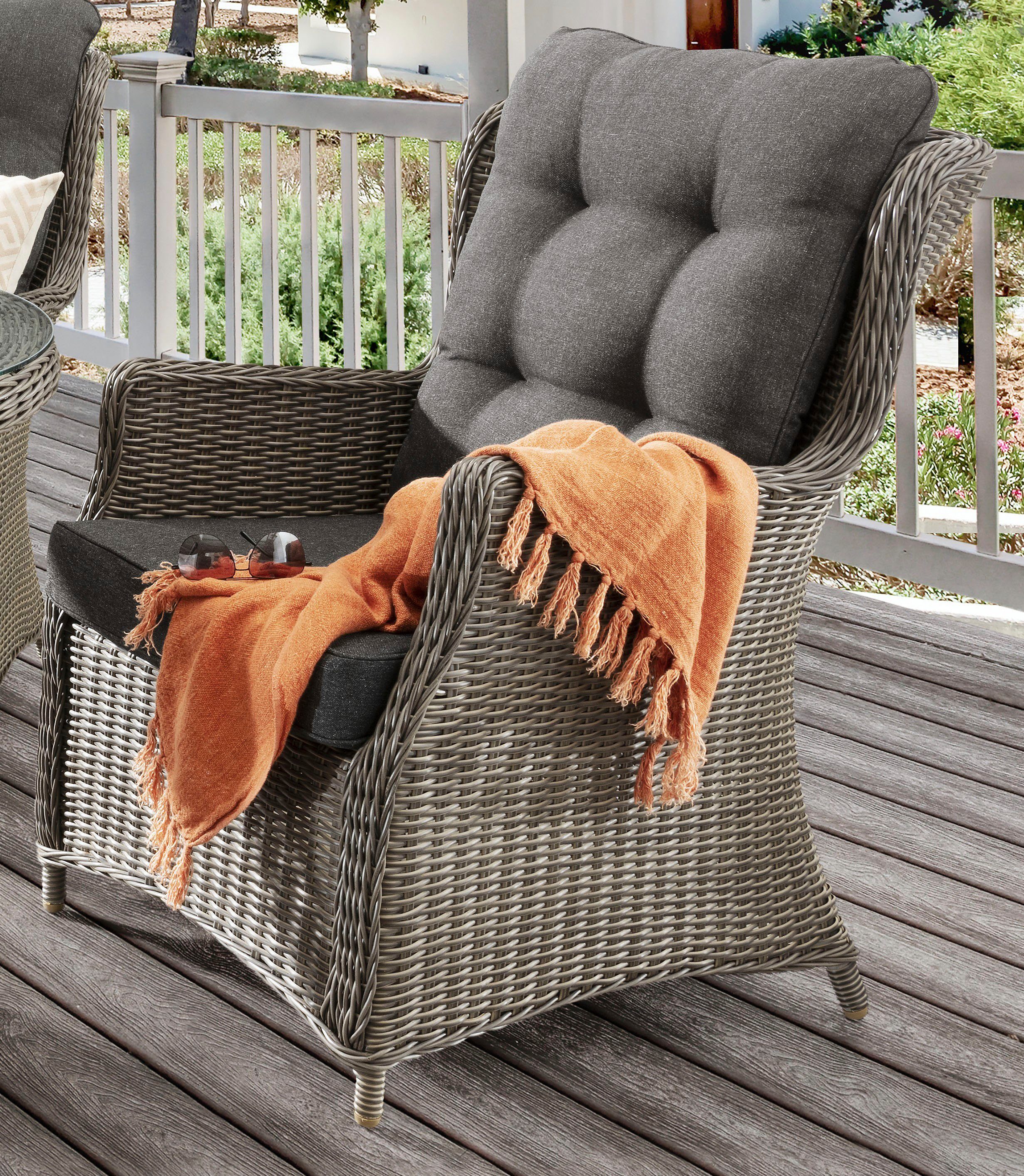 Destiny Garten-Essgruppe CASA LUNA, (Set, Tisch Polyrattan, + 13-tlg), Ø Auflagen inkl. 120x75cm, 4 Grau Vintage Sessel