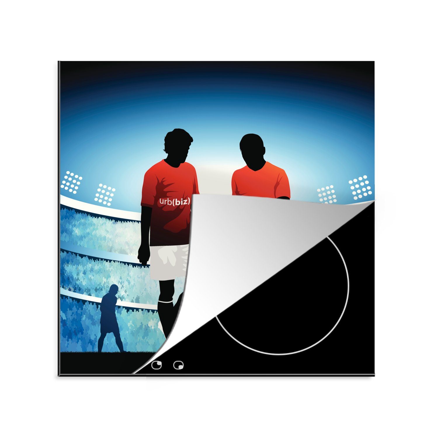 MuchoWow Herdblende-/Abdeckplatte Eine Illustration von zwei Fußballspielern in einem Stadion - Jungen -, Vinyl, (1 tlg), 78x78 cm, Ceranfeldabdeckung, Arbeitsplatte für küche