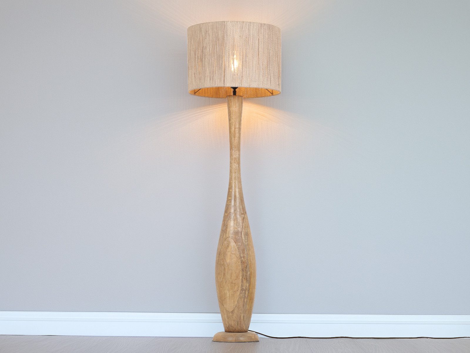 TRIO Leuchten LED Stehlampe, Dimmfunktion, LED wechselbar, warmweiß, besondere Boho Holz-lampe stehend Lampenschirm geflochten, Höhe 135cm