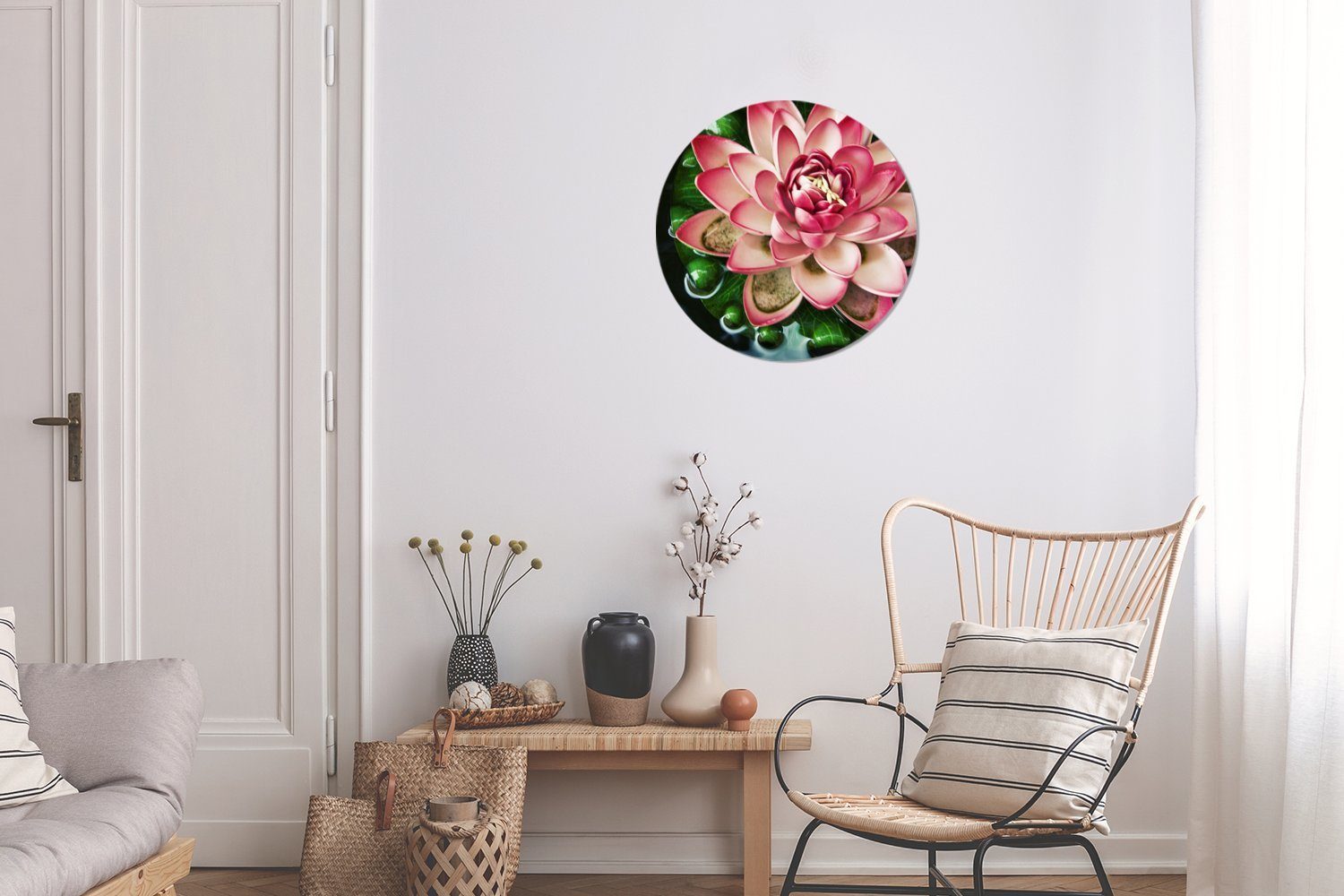 Wohnzimmer, Forex, Blume, 30x30 cm mit Koi-Karpfen einer Rundes Wanddekoration (1 Wandbild, Gemälde Ein St), rosa Kreis MuchoWow